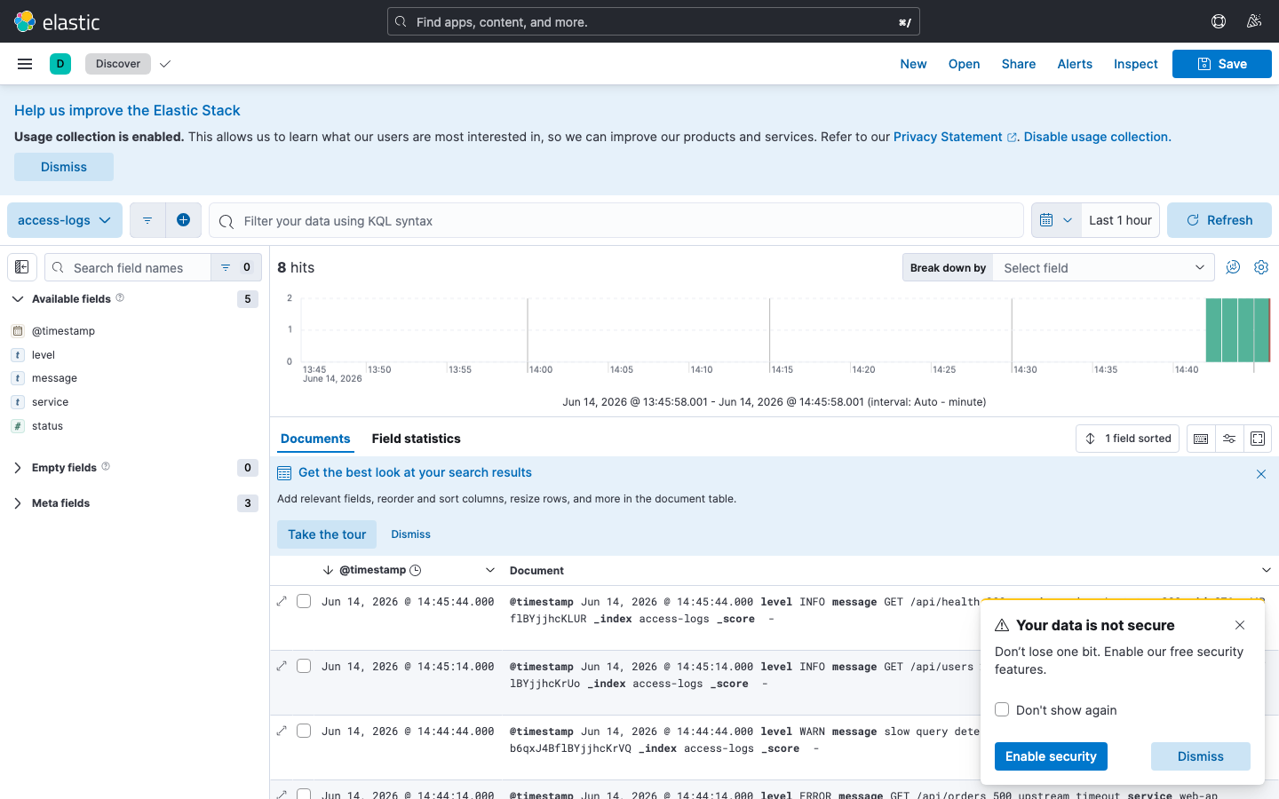 Kibana Discover 画面(実撮影・access-logsデータビュー)