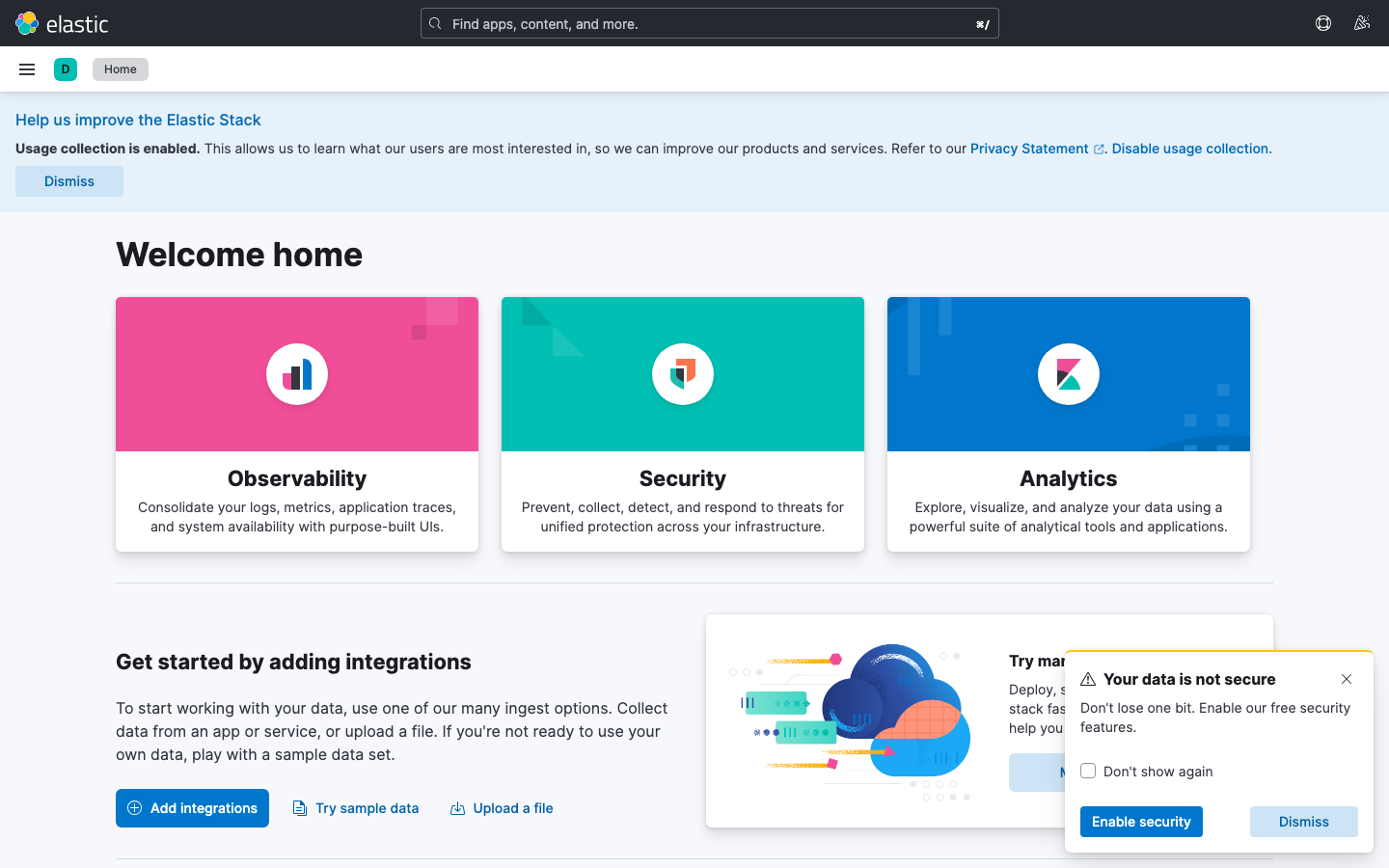 Kibana 8.12.2 ホーム画面(Docker起動・Playwright実撮影)