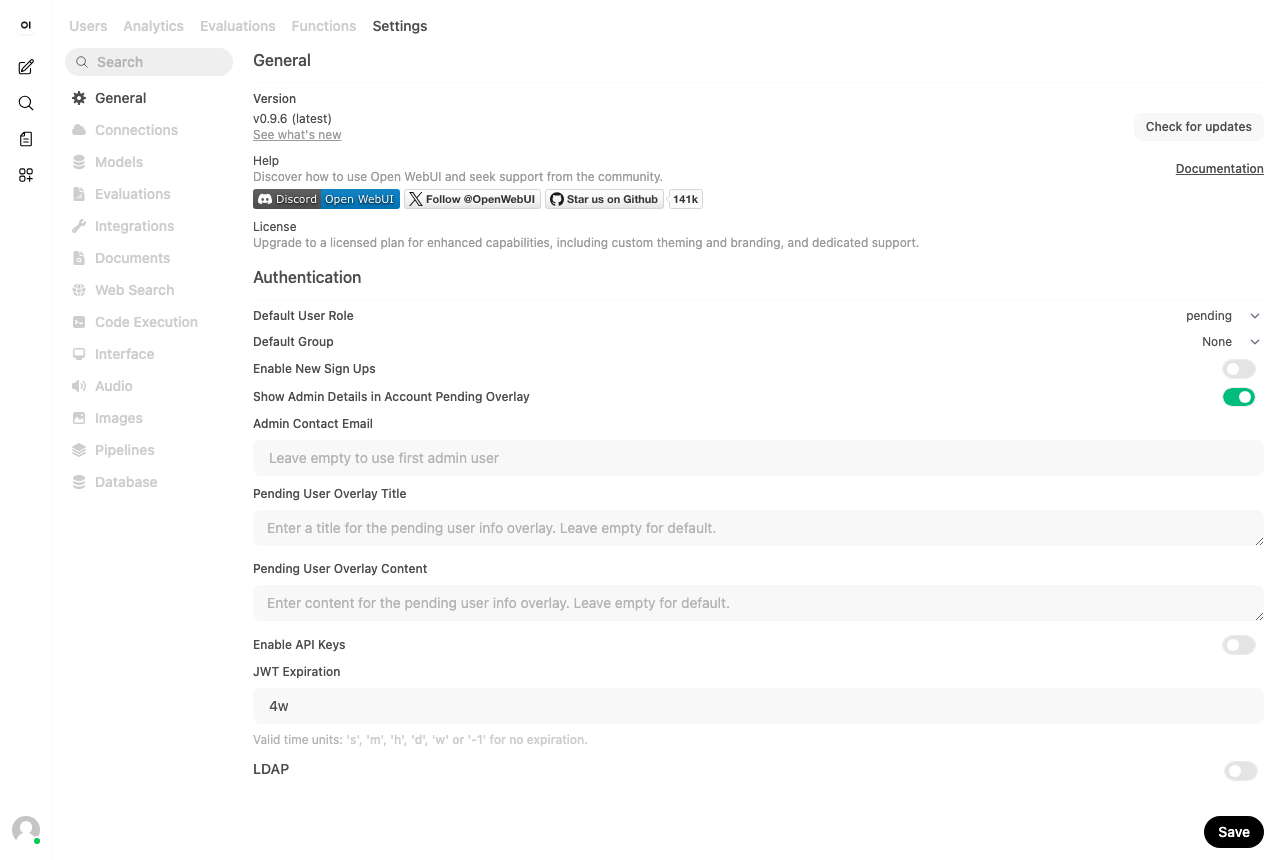 Open WebUI の管理設定画面（v0.9.6 を表示）