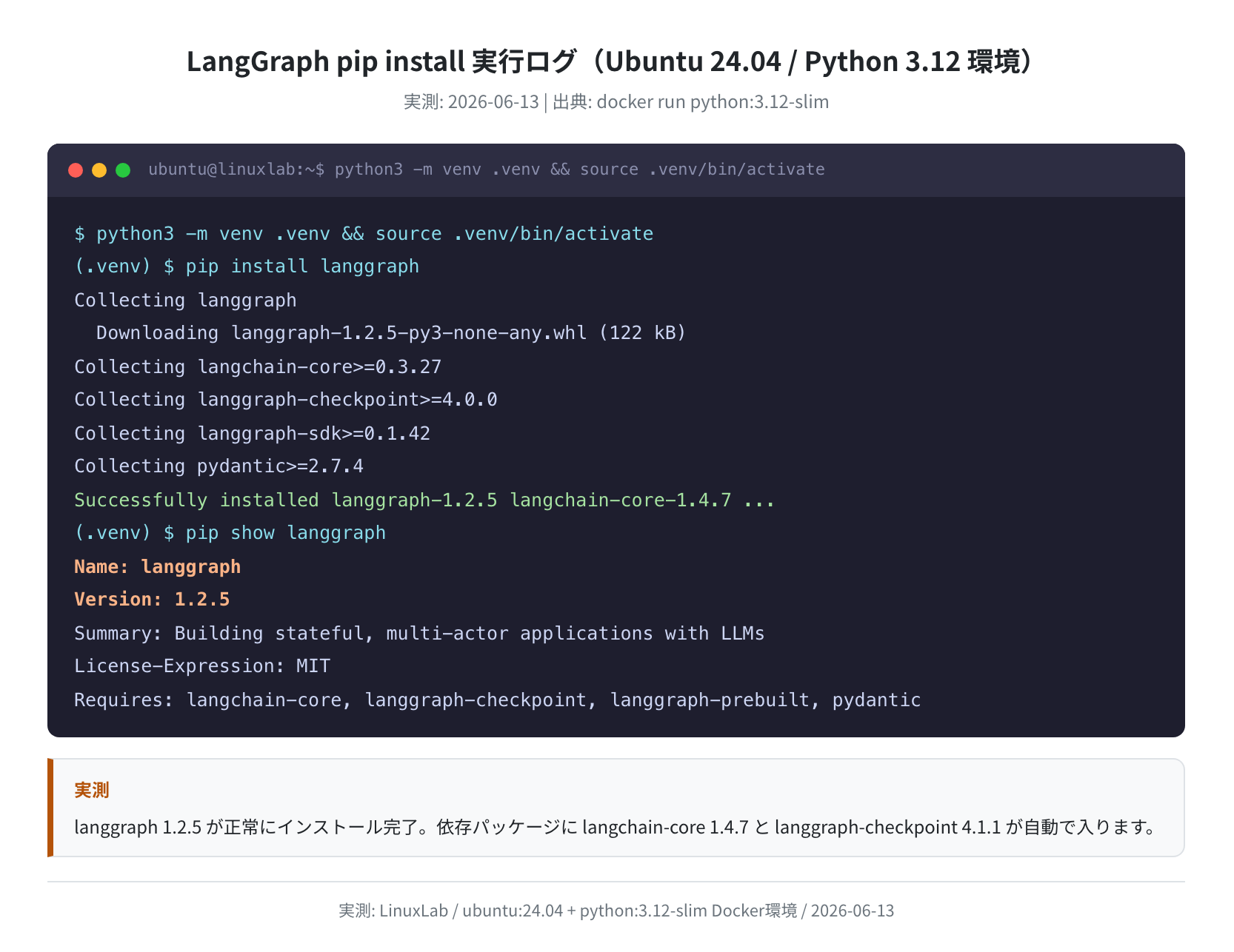 pip install langgraph の実行ログ(実測: Ubuntu 24.04 / Python 3.12)