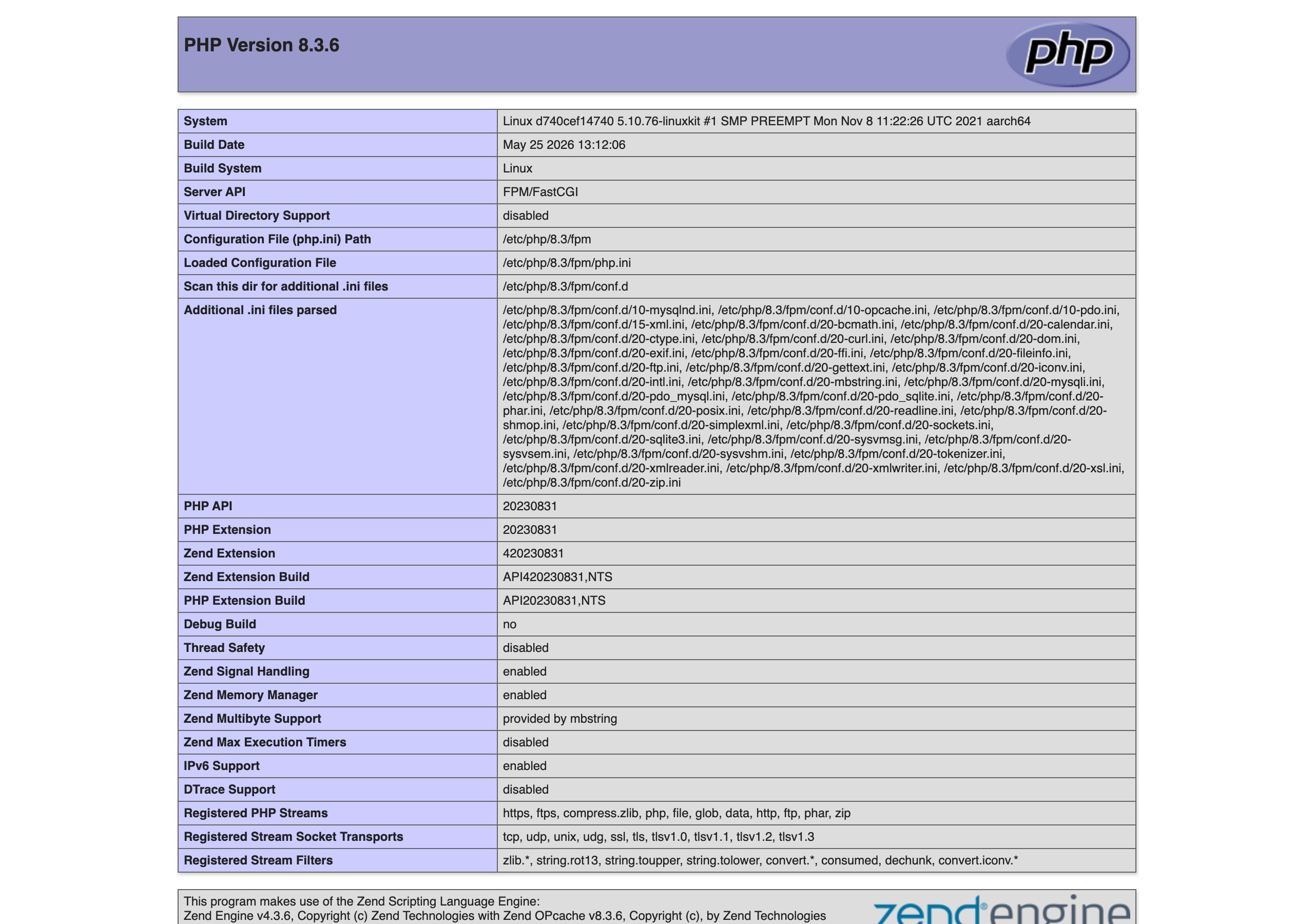 Nginx経由のphpinfo:PHP 8.3.6 / Server API = FPM/FastCGI(実ブラウザ撮影)