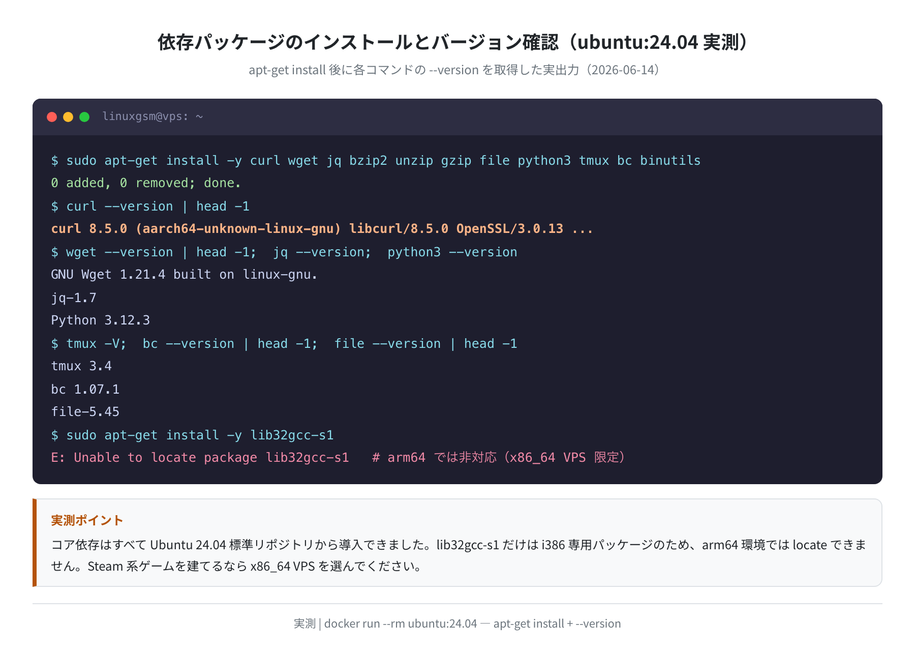 依存パッケージのインストールとバージョン確認(ubuntu:24.04 実測)