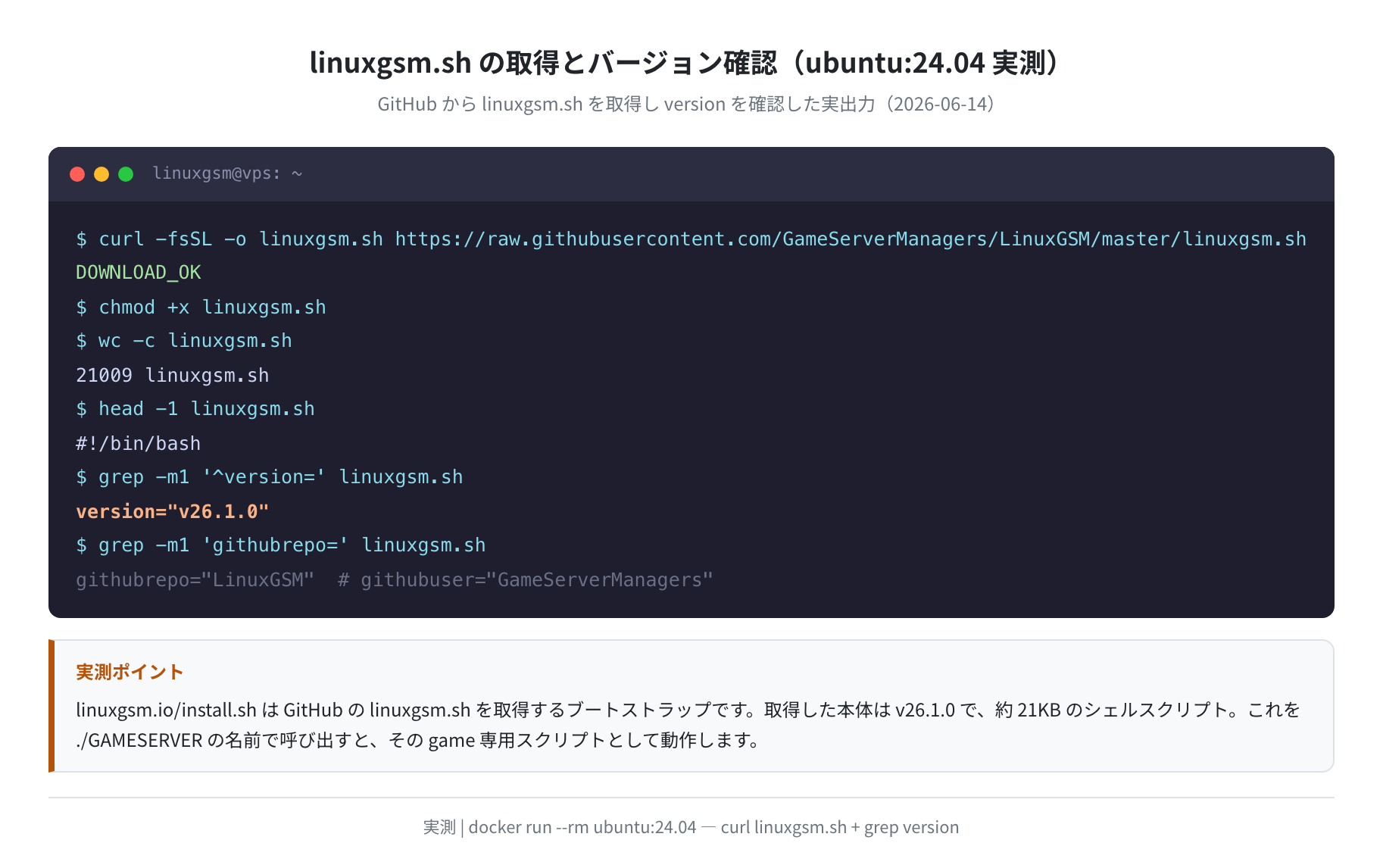 LinuxGSM セットアップ ターミナルセッション(linuxgsm.sh の取得とバージョン確認・実測)