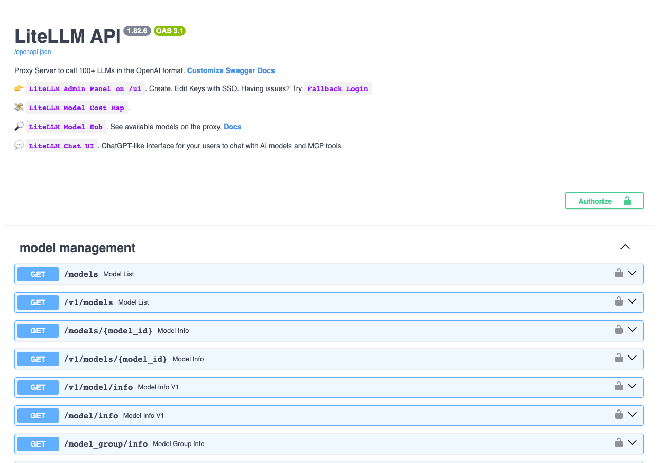 LiteLLM の Swagger API ドキュメント画面（実測・Playwright実撮影）