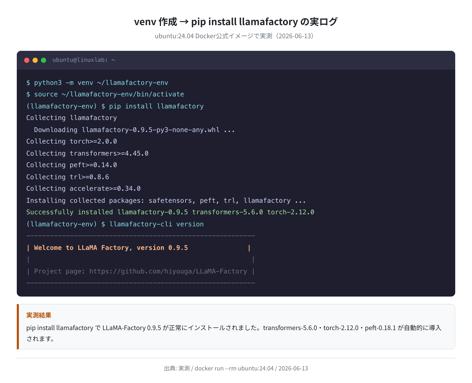 venv作成とpip install llamafactoryの実ログ（Ubuntu 24.04 実測）