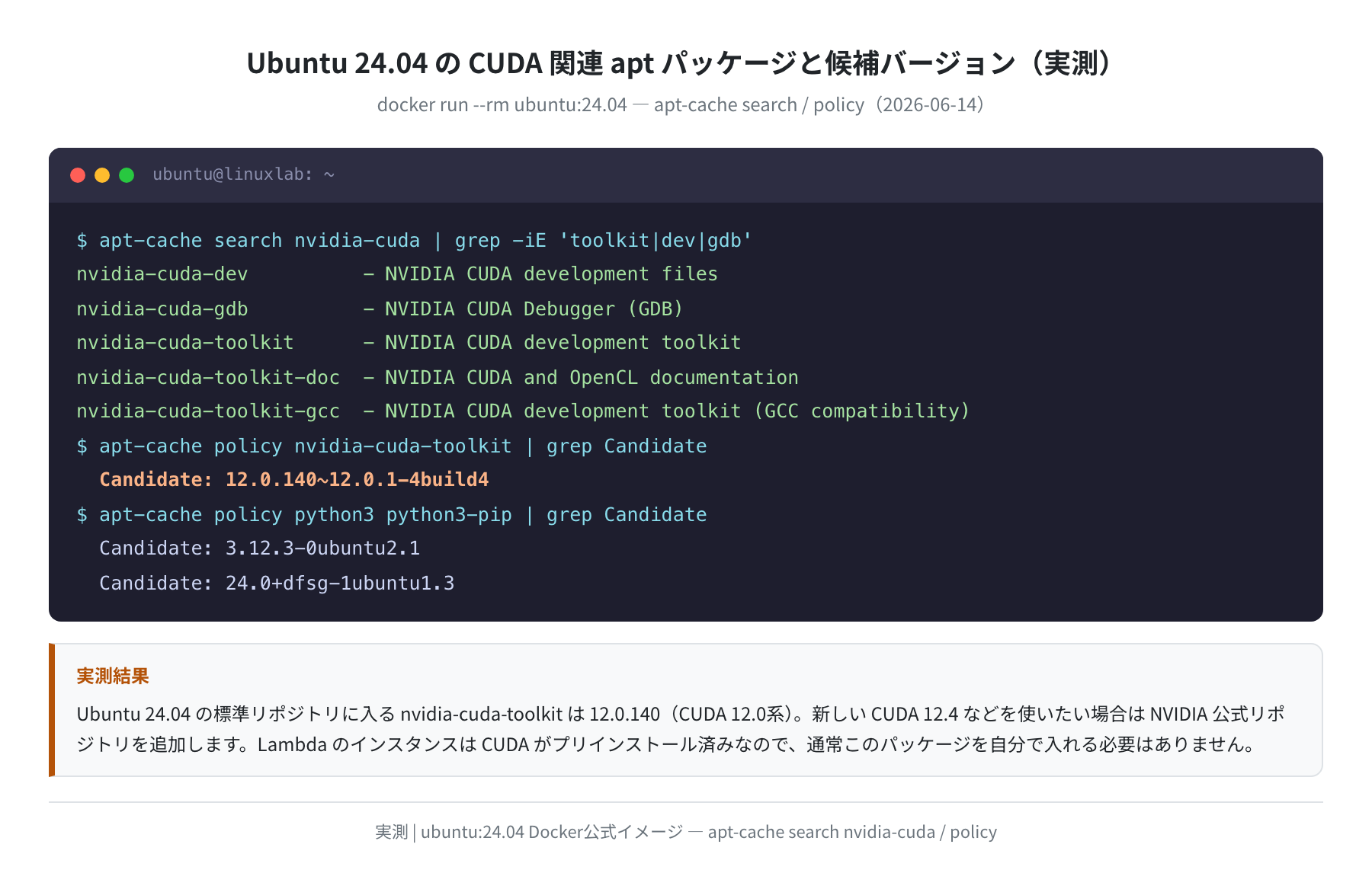 Ubuntu 24.04 の apt-cache search/policy 実測結果（2026-06-14）