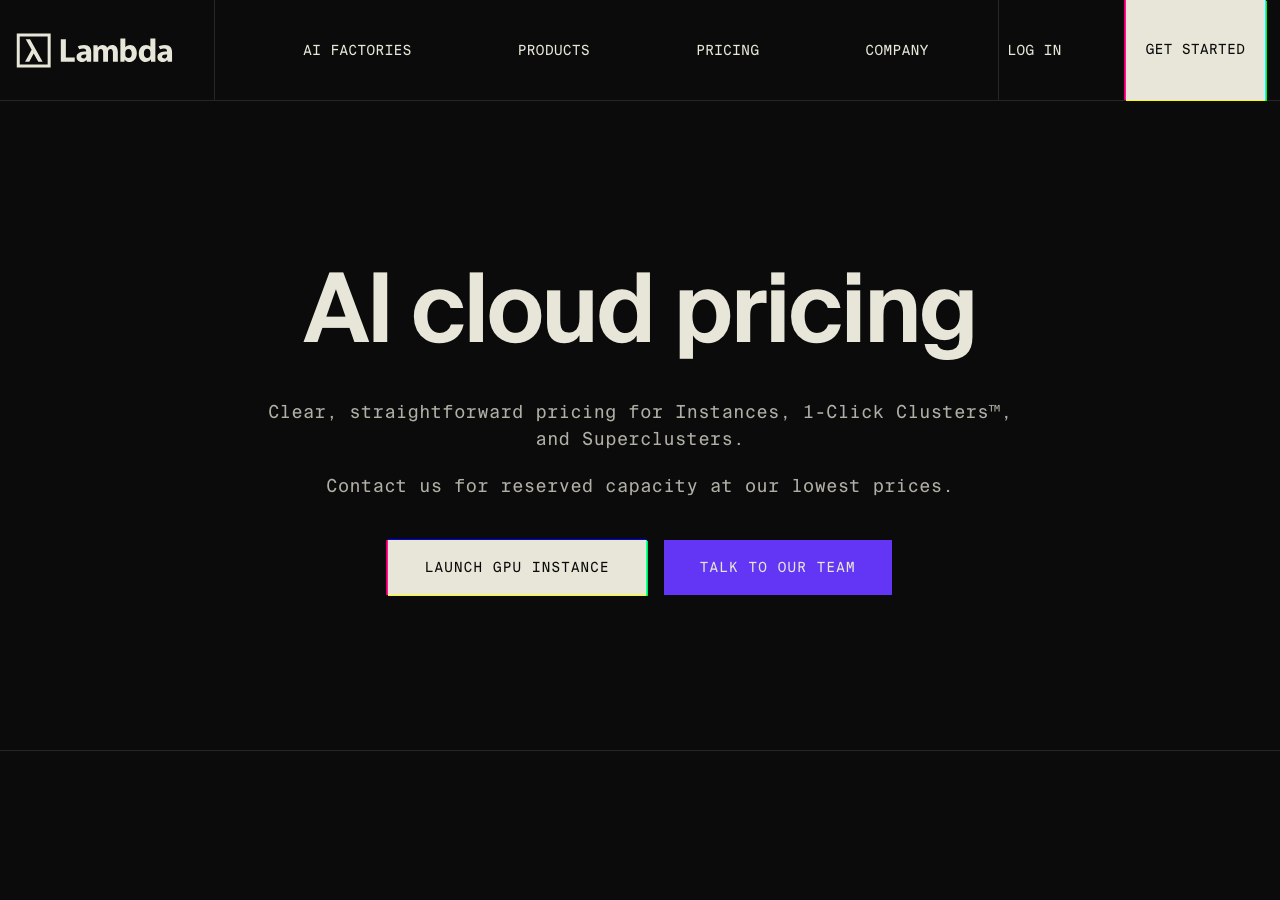 Lambda 料金ページ（lambda.ai/pricing）。「AI cloud pricing — Clear, straightforward pricing」と LAUNCH GPU INSTANCE が表示される（2026-06-15 Playwright 実撮影）