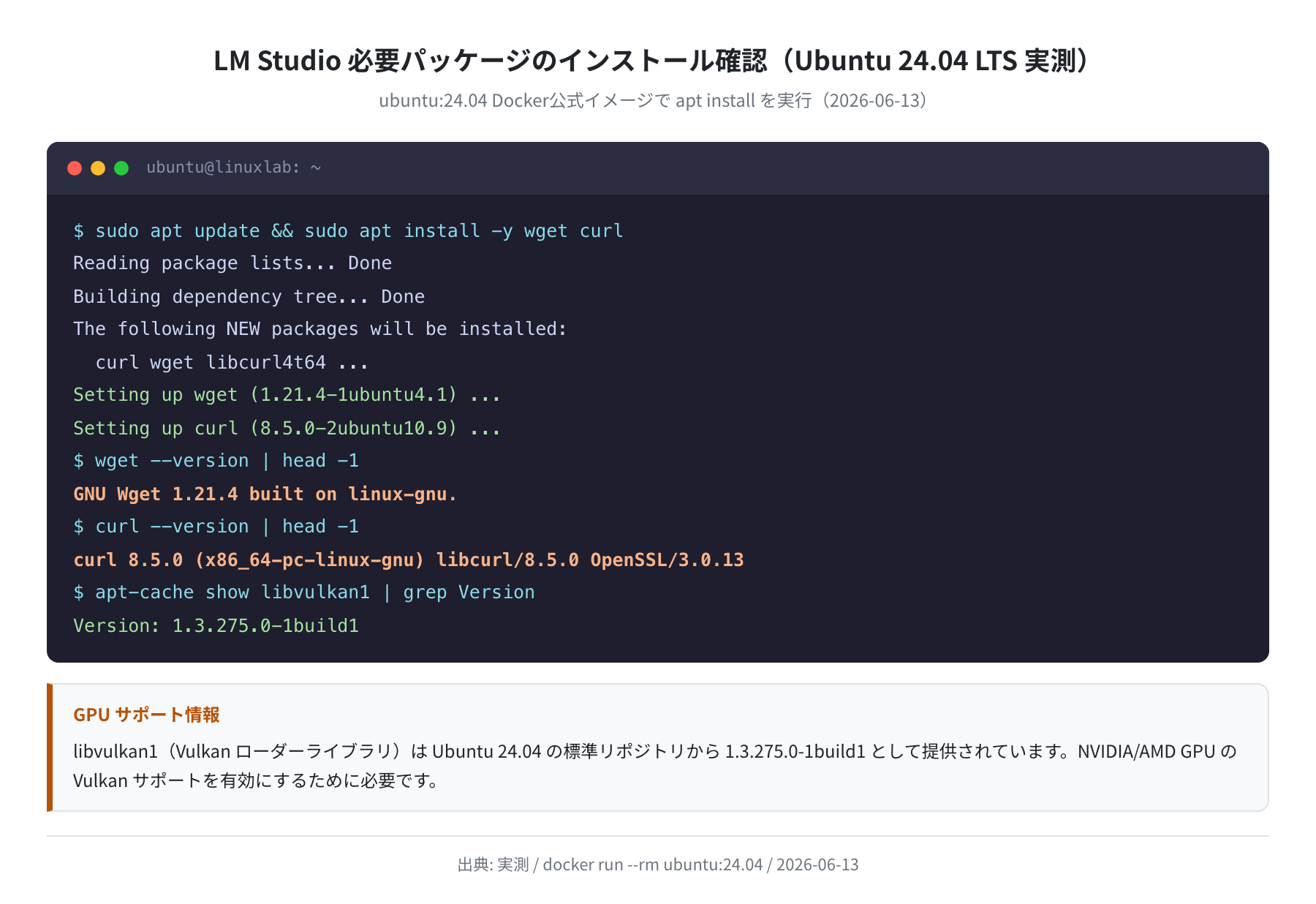 Ubuntu 24.04 で wget/curl/libvulkan1 インストール確認(docker run --rm ubuntu:24.04 実測 / 2026-06-13)