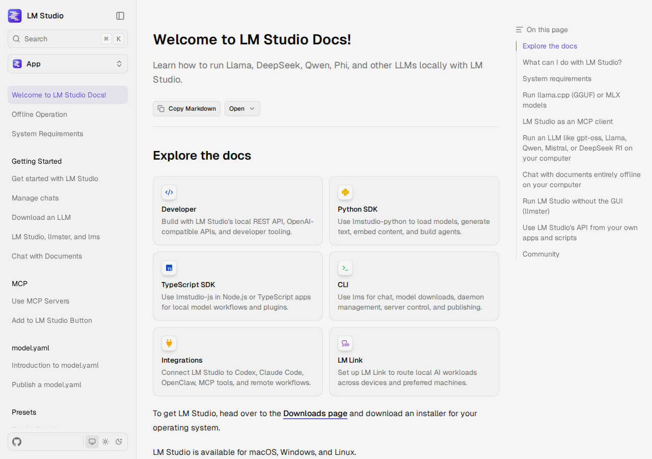 LM Studio ドキュメントページ(lmstudio.ai/docs を Playwright スクリーンショット / 2026-06-13)