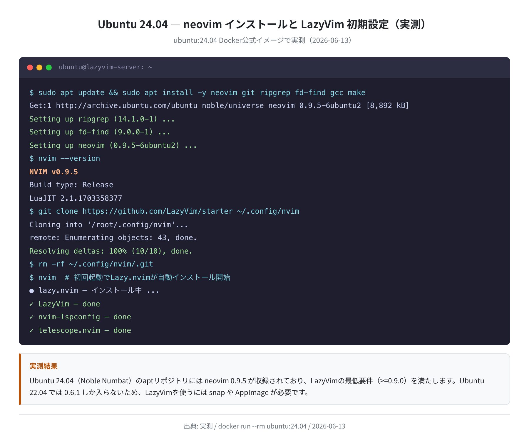 LazyVim初回プラグイン自動インストールの実ログ（実測）