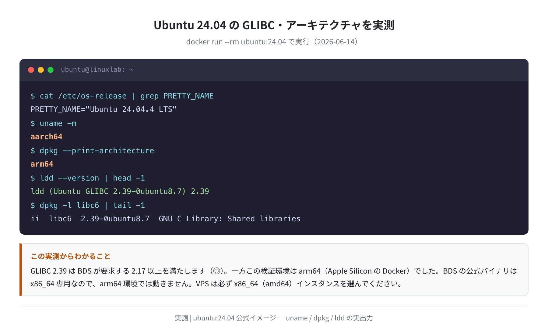 Ubuntu 24.04 のGLIBC・アーキテクチャ実測（docker run ubuntu:24.04・2026-06-14）