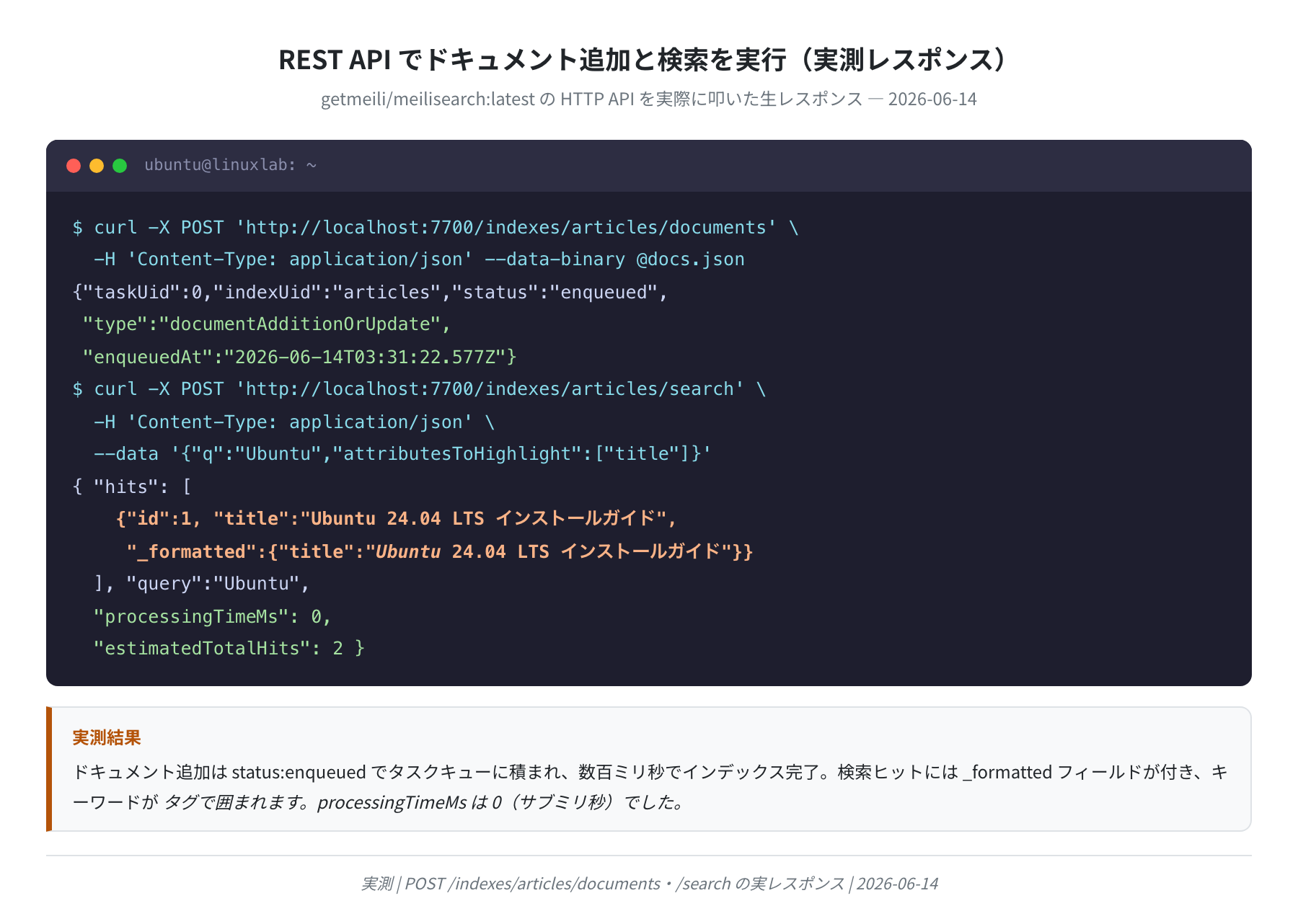 curl で REST API を操作:ドキュメント追加・検索の実レスポンス