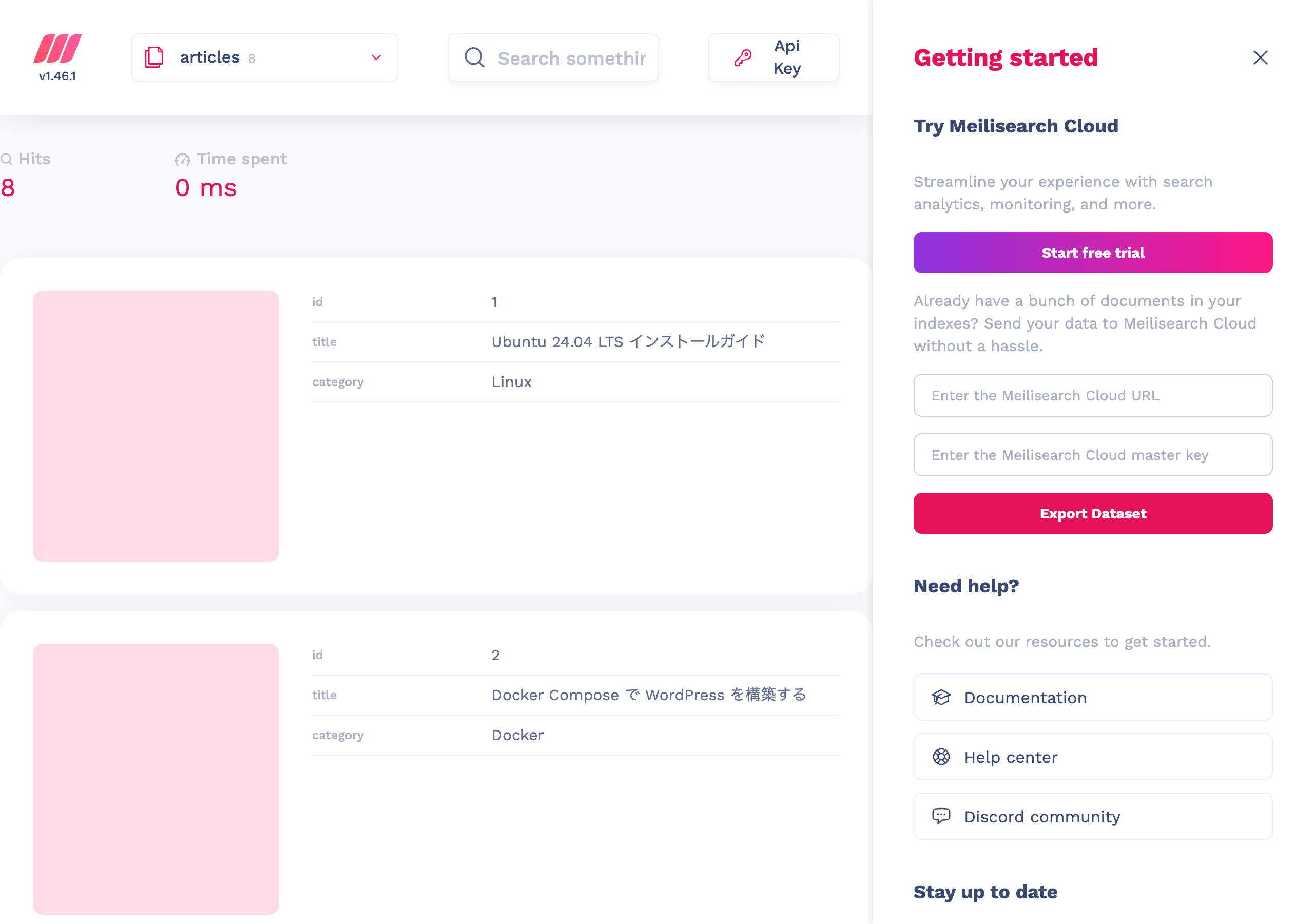 Meilisearch v1.46.1 Mini Dashboard(articles インデックスに8件登録済み)実撮影
