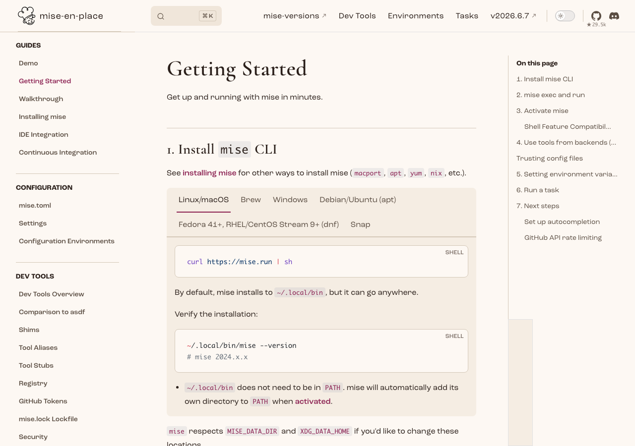 mise 公式 Getting Started ページ(mise.jdx.dev)