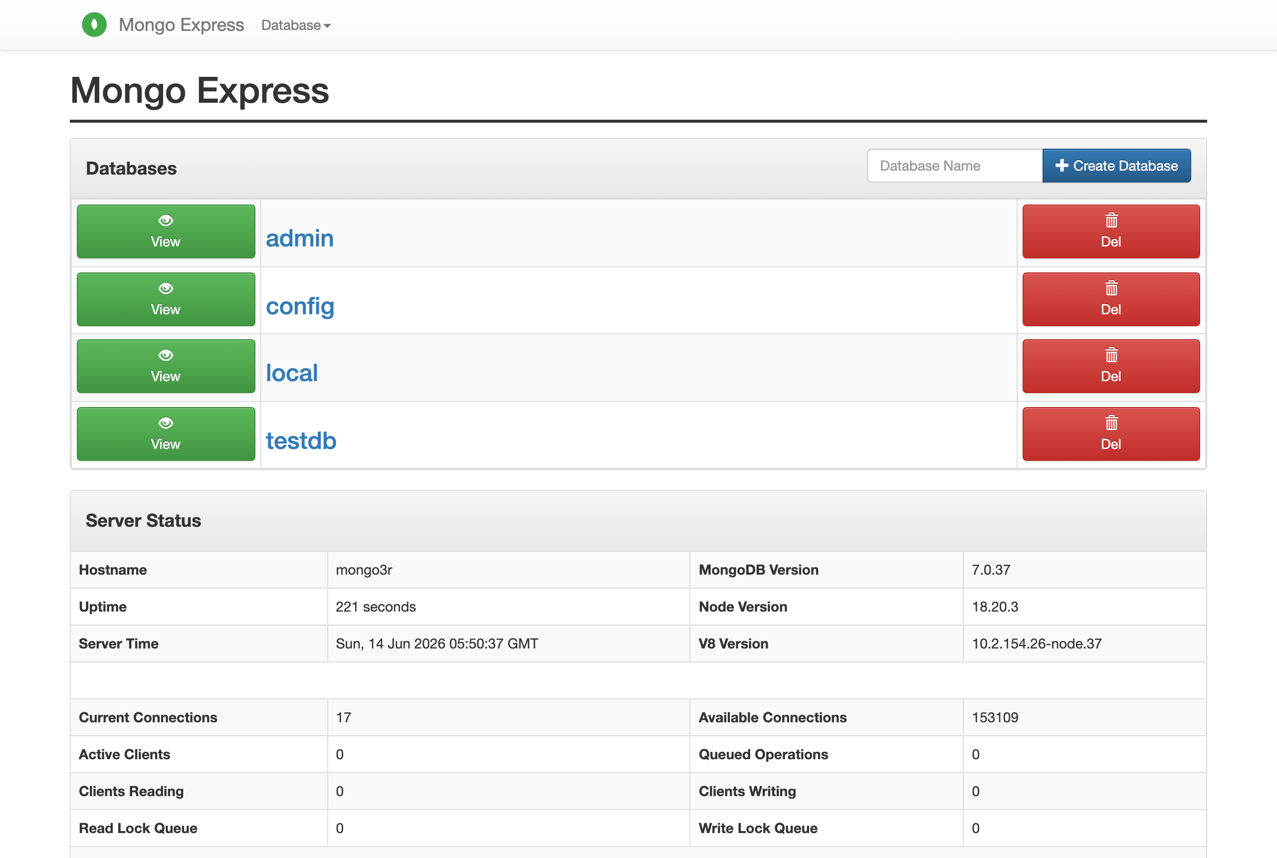 mongo-express トップ画面:MongoDB 7.0.37 とデータベース一覧(実画面)