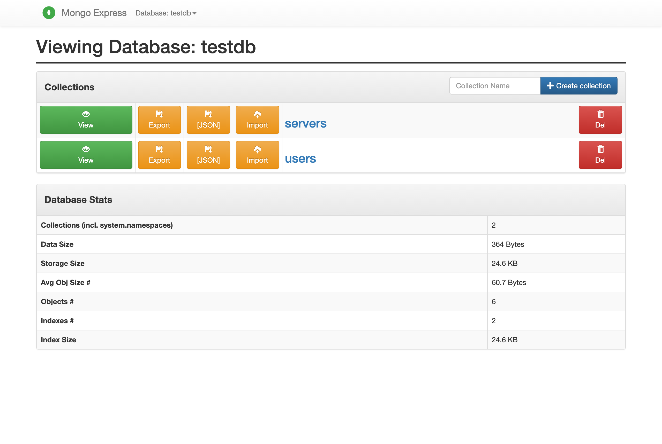 mongo-express の testdb コレクション一覧(実画面)