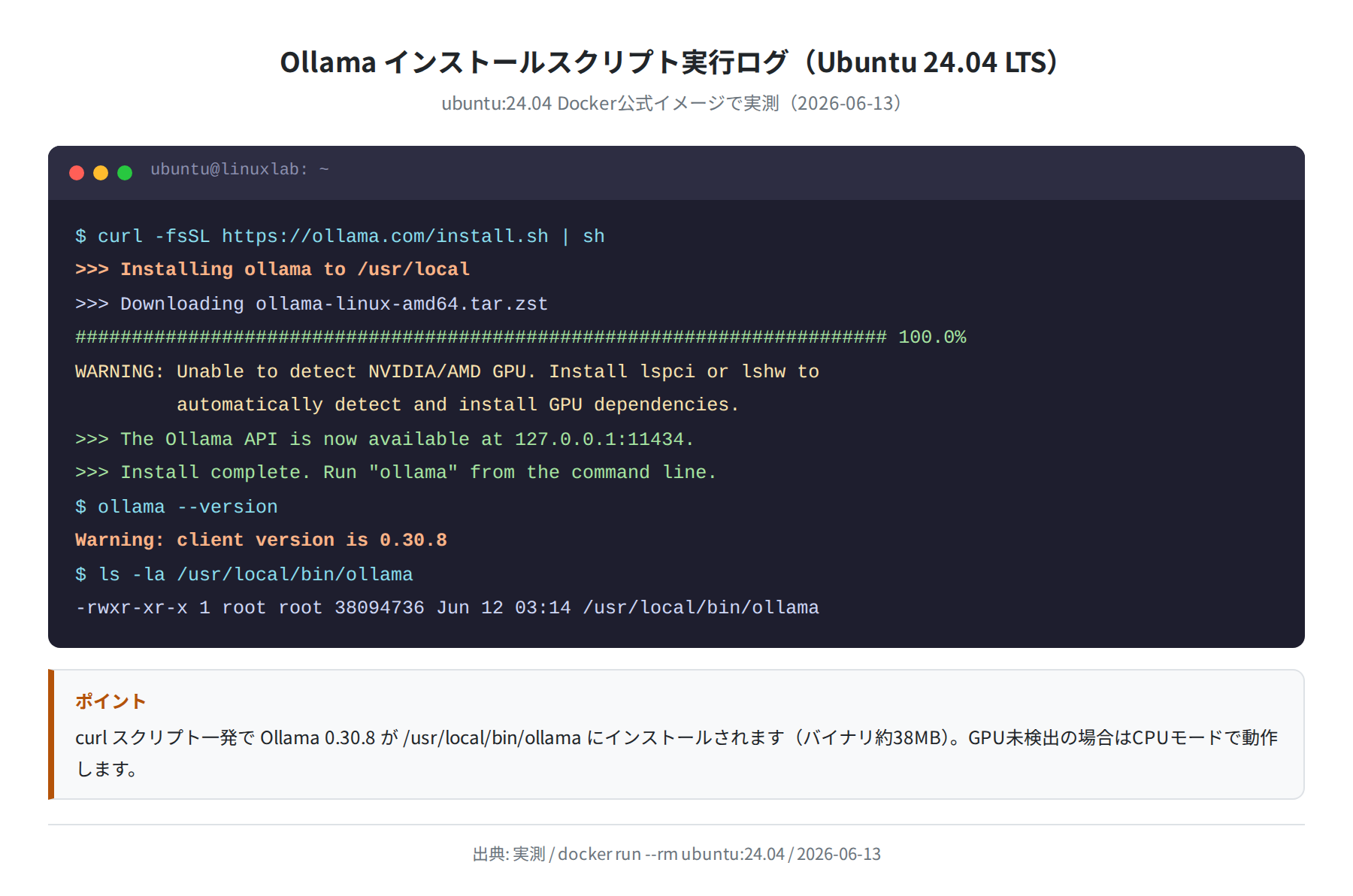 Ollama インストールスクリプト実行ログ(Ubuntu 24.04 LTS・実測)