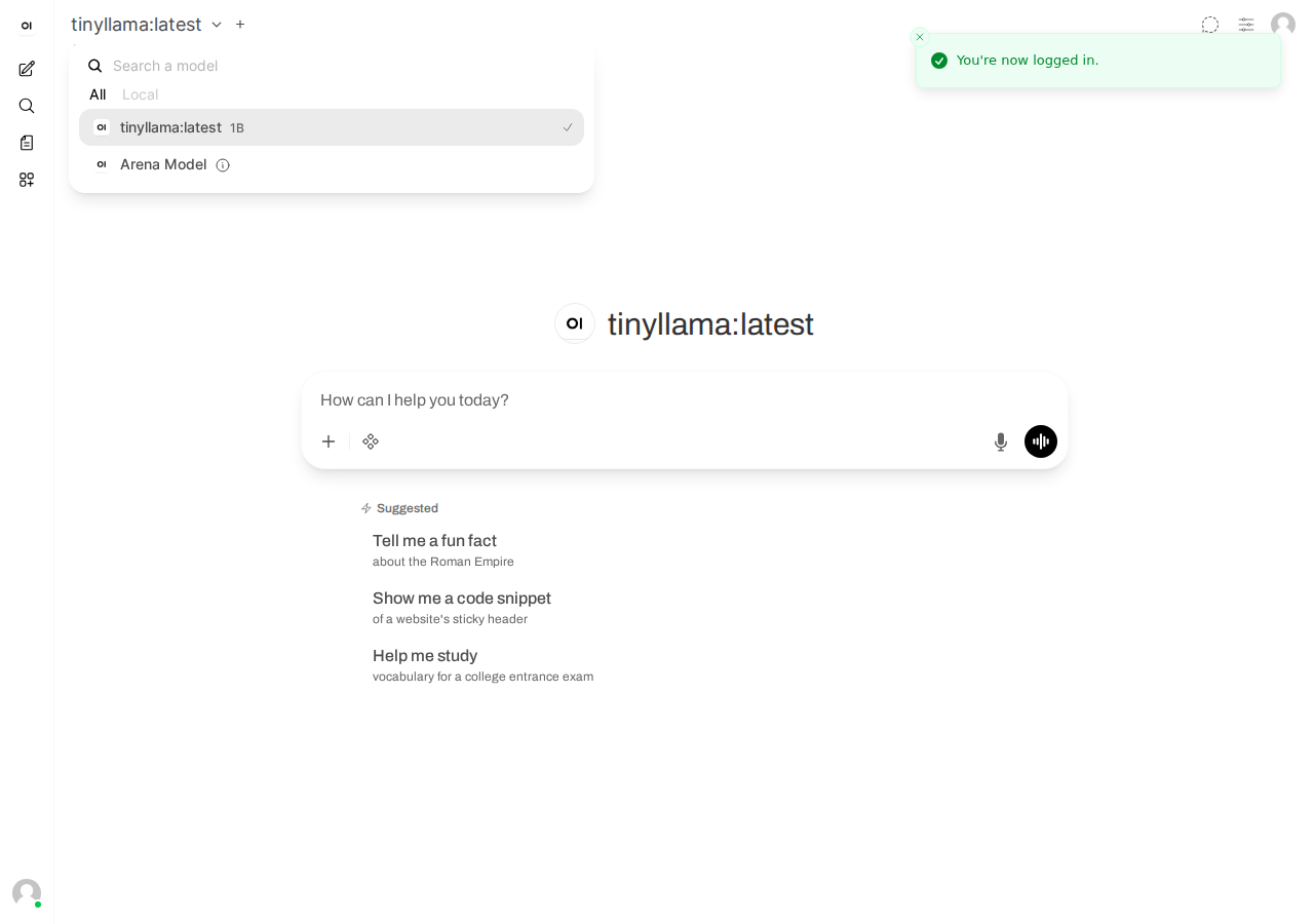 Open WebUI モデル選択ドロップダウン(tinyllama:1.1b が表示・Playwright 実撮影)