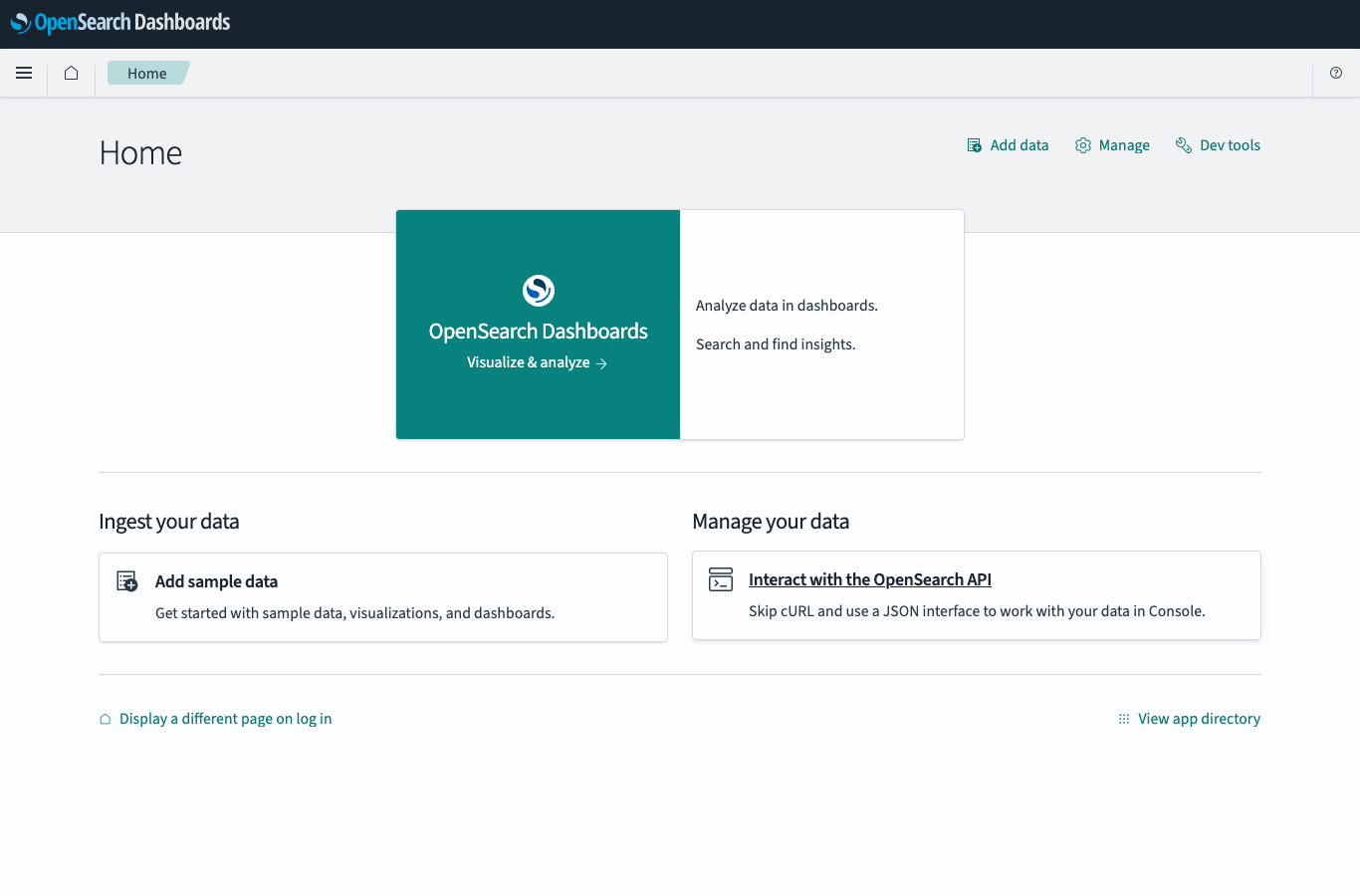OpenSearch Dashboards ホーム画面(実撮影)