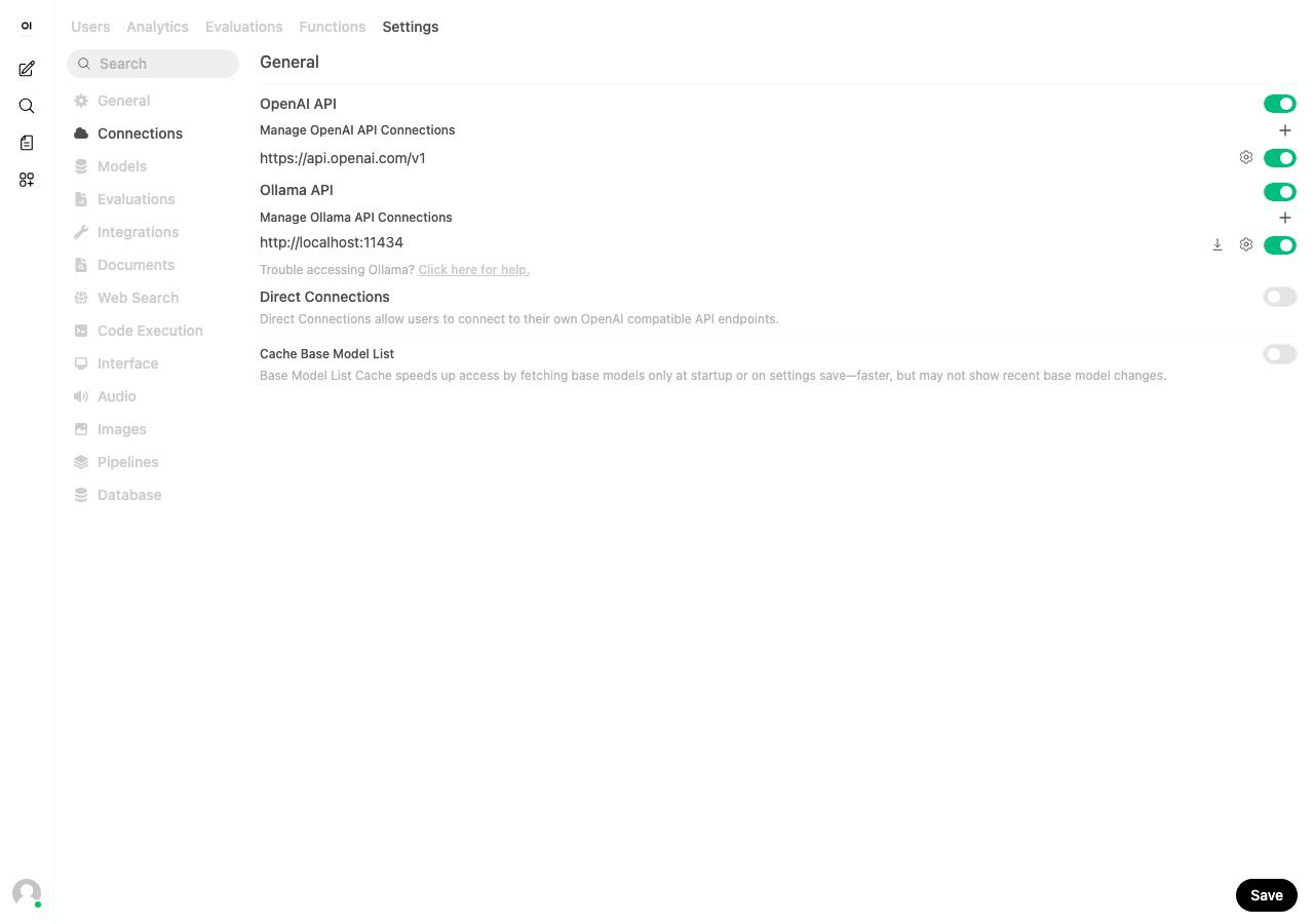 Open WebUI 接続設定画面（Ollama API + OpenAI API）（実測）