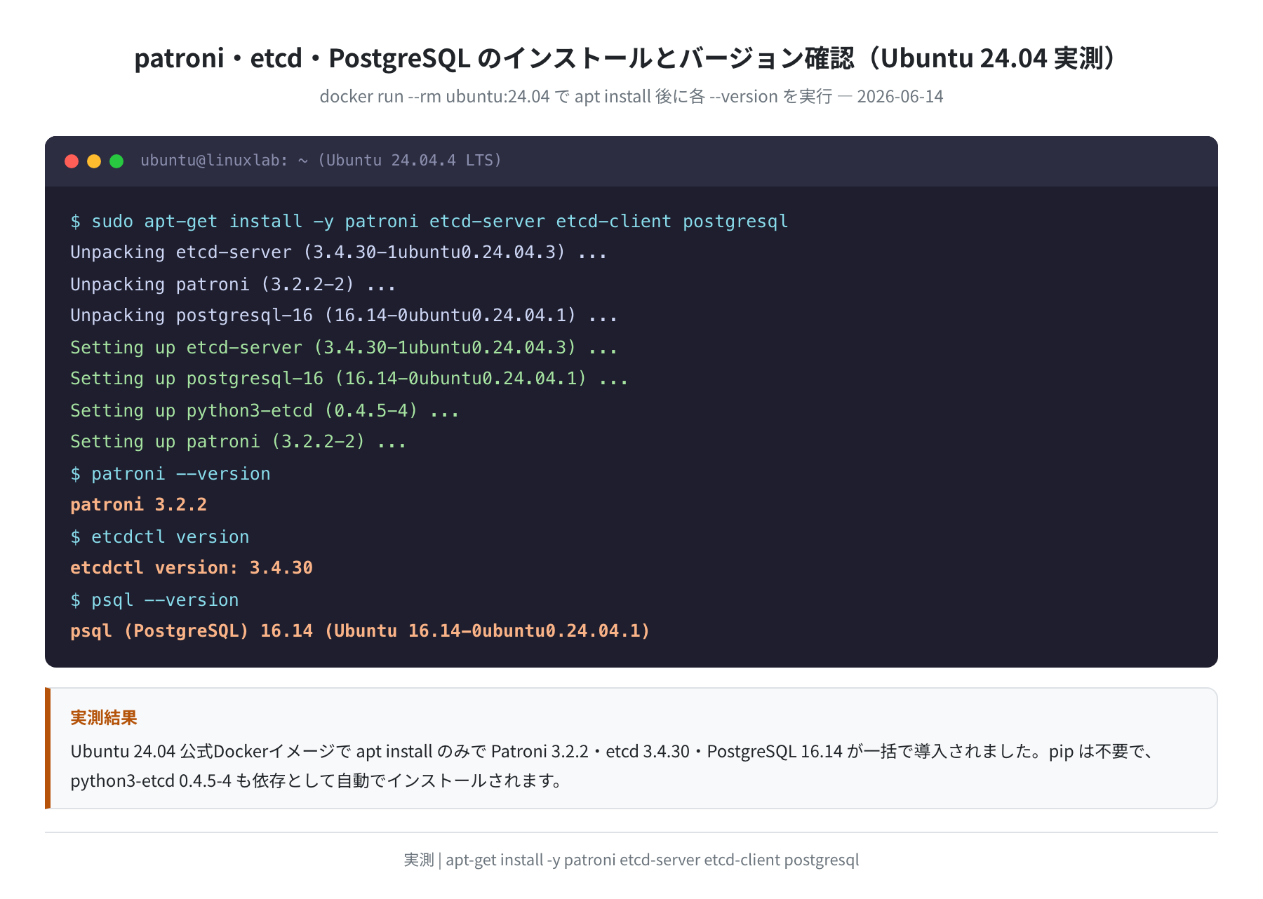 patroni・etcd・PostgreSQL のインストールとバージョン確認（Ubuntu 24.04 実測）