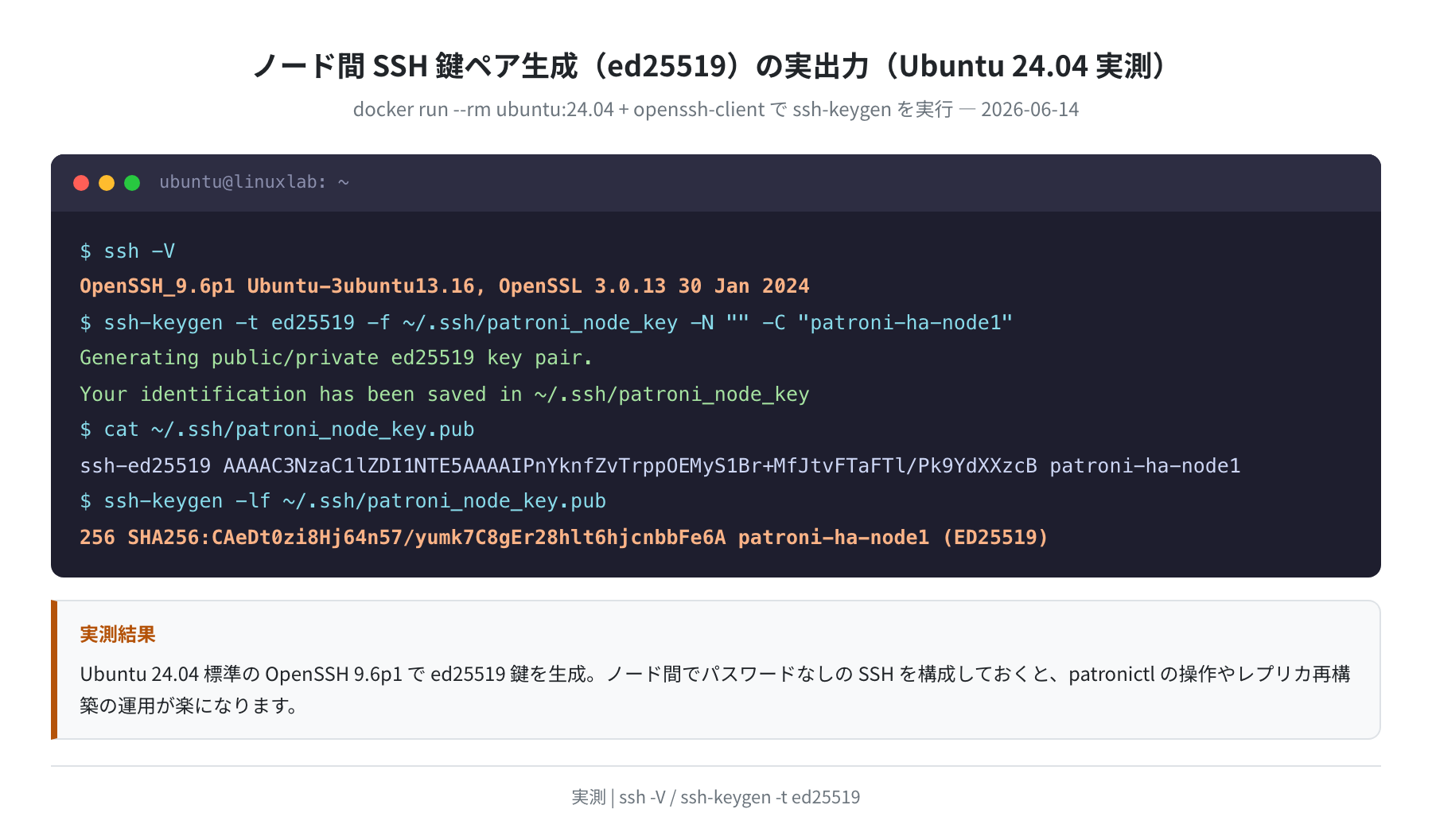 ノード間 SSH 鍵ペア生成（ed25519）の実出力（Ubuntu 24.04 実測）