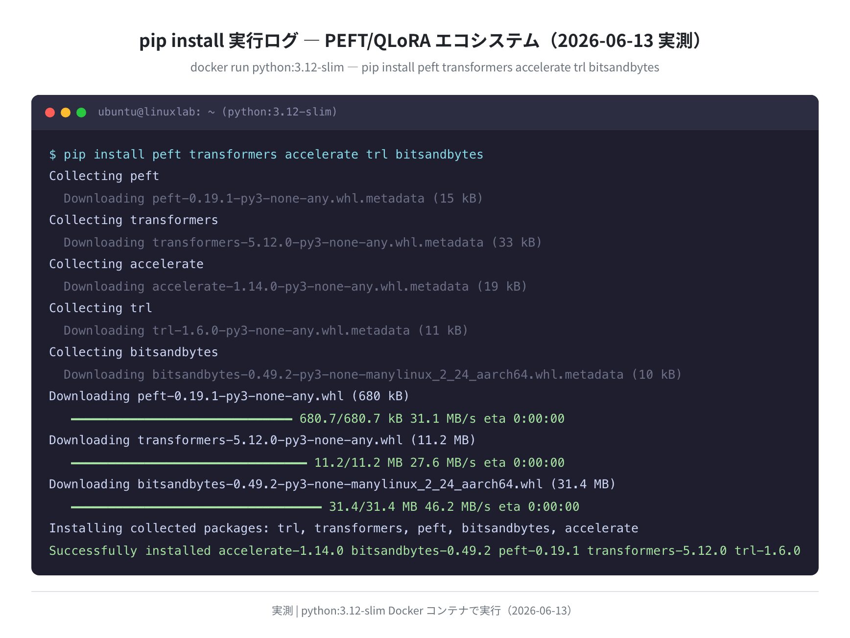 pip install実行ログ（python:3.12-slim, 2026-06-13 実測）