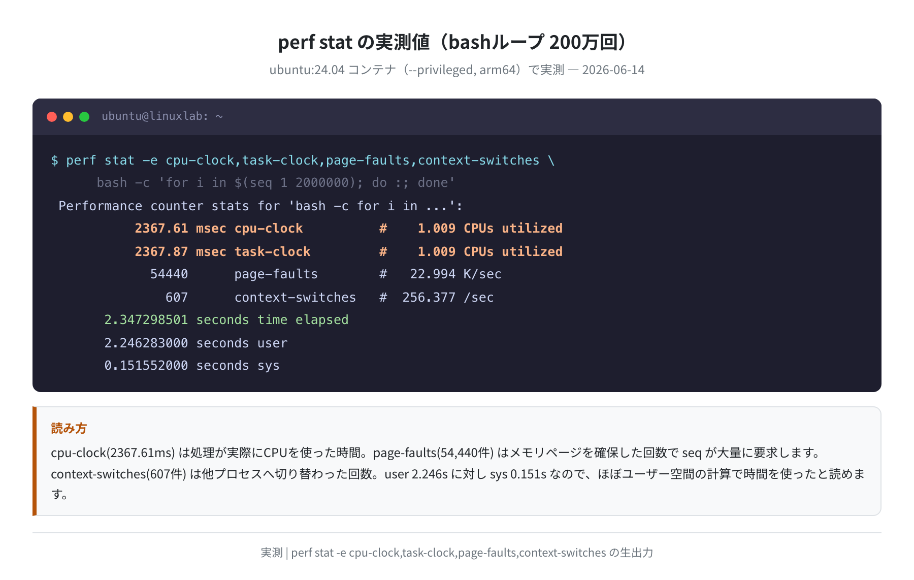 perf stat の実測値（bashループ 200万回）実測データ