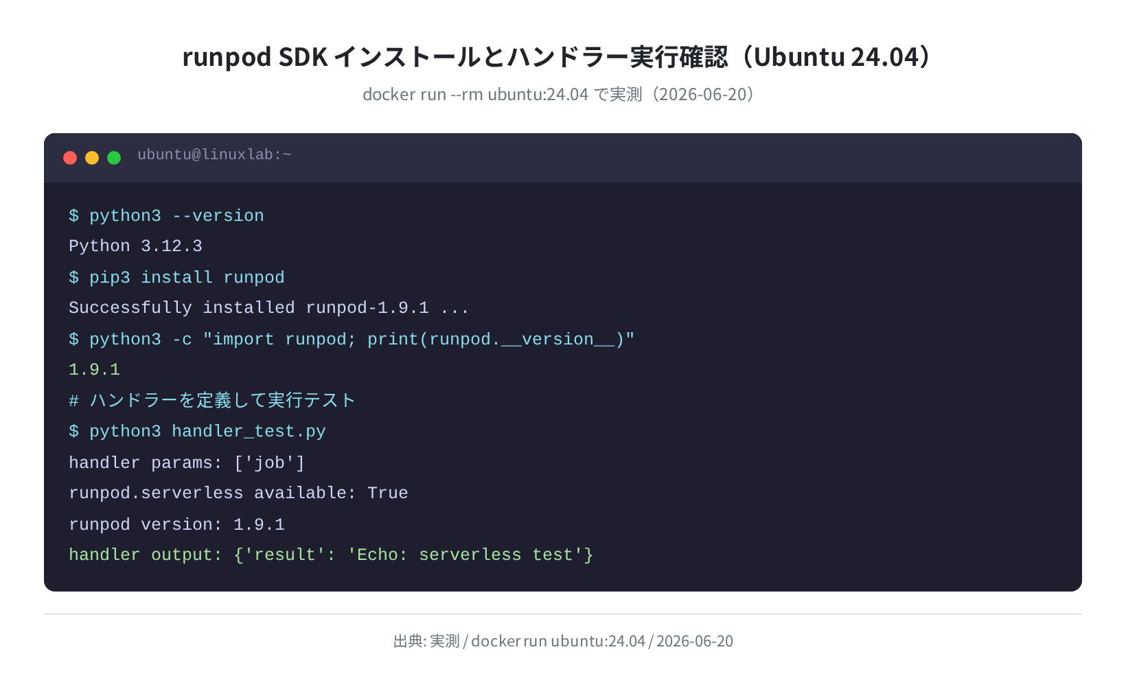 runpod SDK インストールとハンドラー動作確認(Ubuntu 24.04 実測)