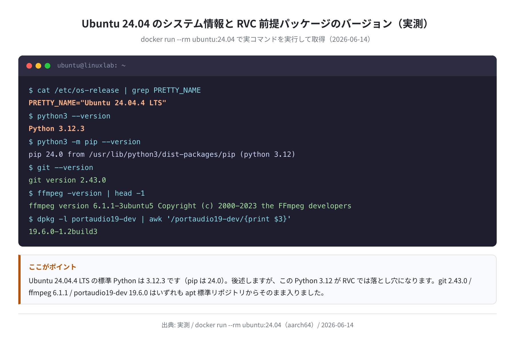 Ubuntu 24.04 のシステム情報と RVC 前提パッケージのバージョン(実測)