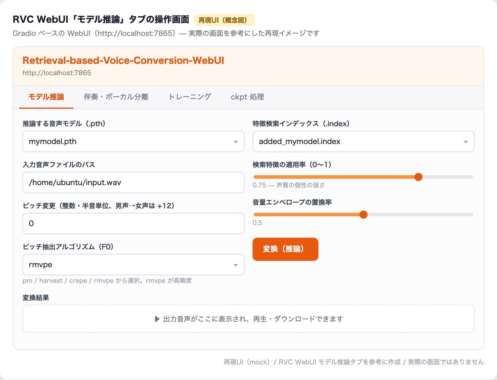 RVC WebUI モデル推論タブ(再現UI)