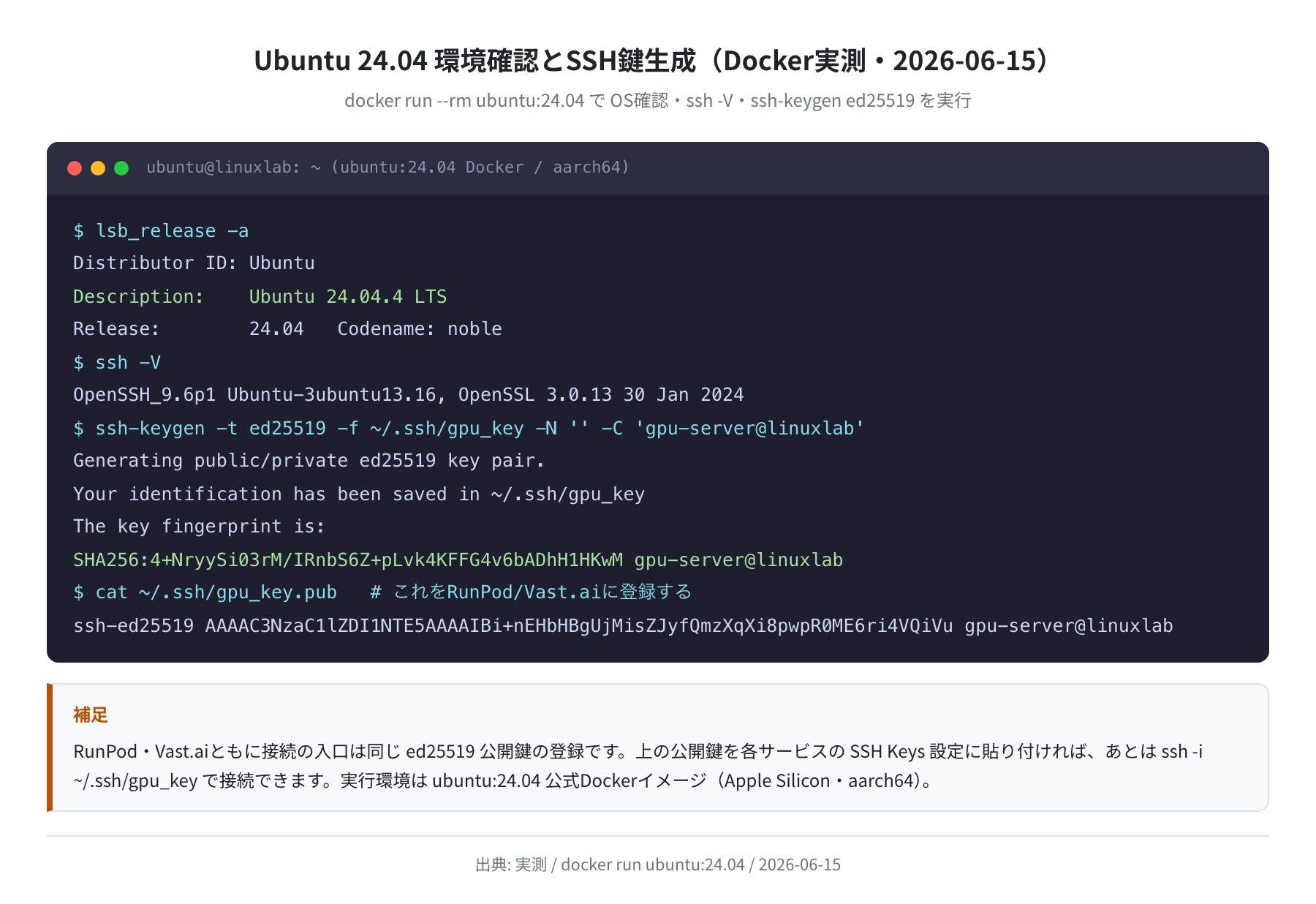 Ubuntu 24.04 環境確認とSSH鍵生成（Docker実測・2026-06-15）