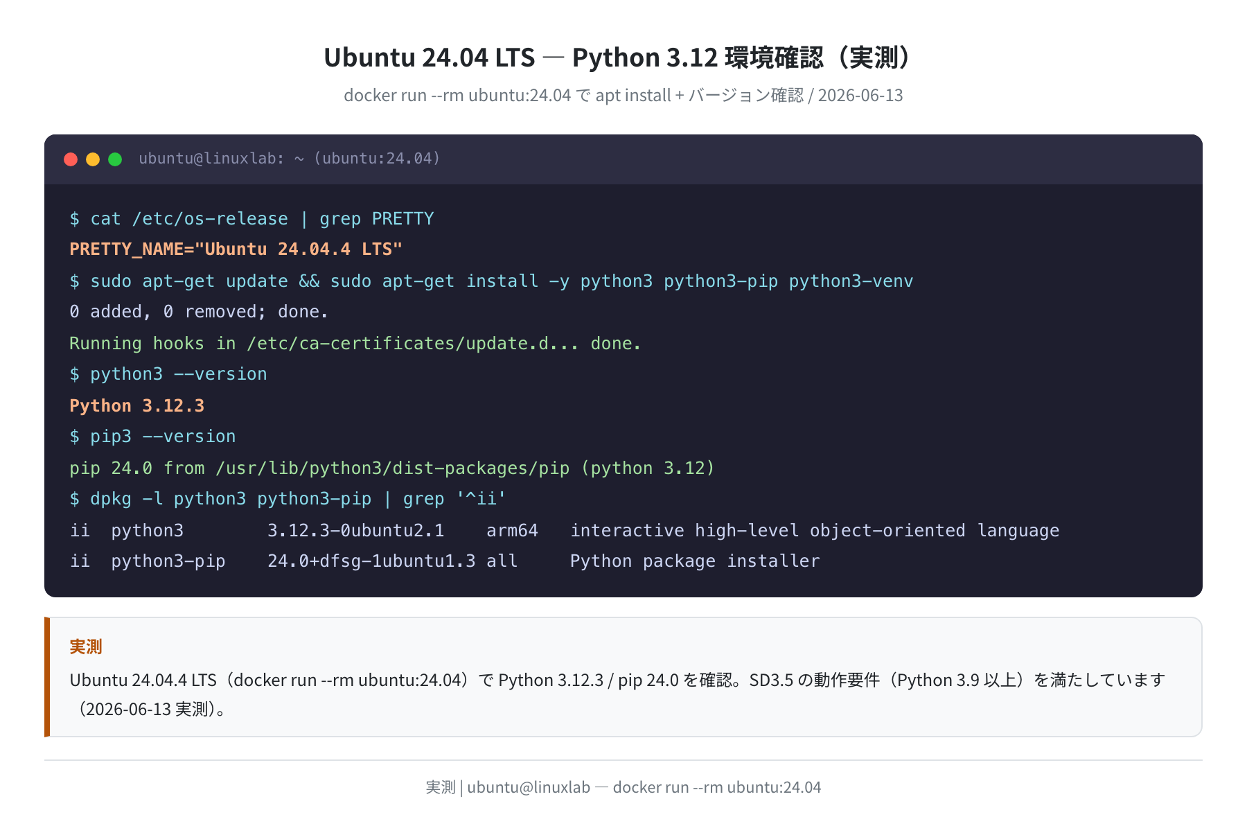 Ubuntu 24.04 Python 3.12 環境確認(実測)