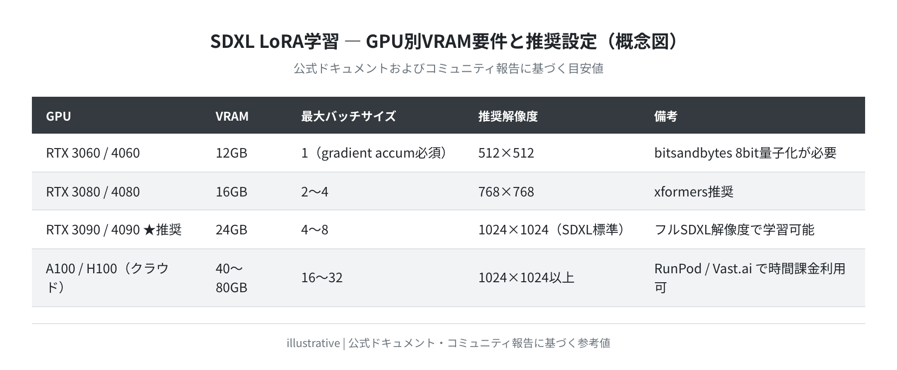 GPU別VRAM要件と推奨設定(概念図)