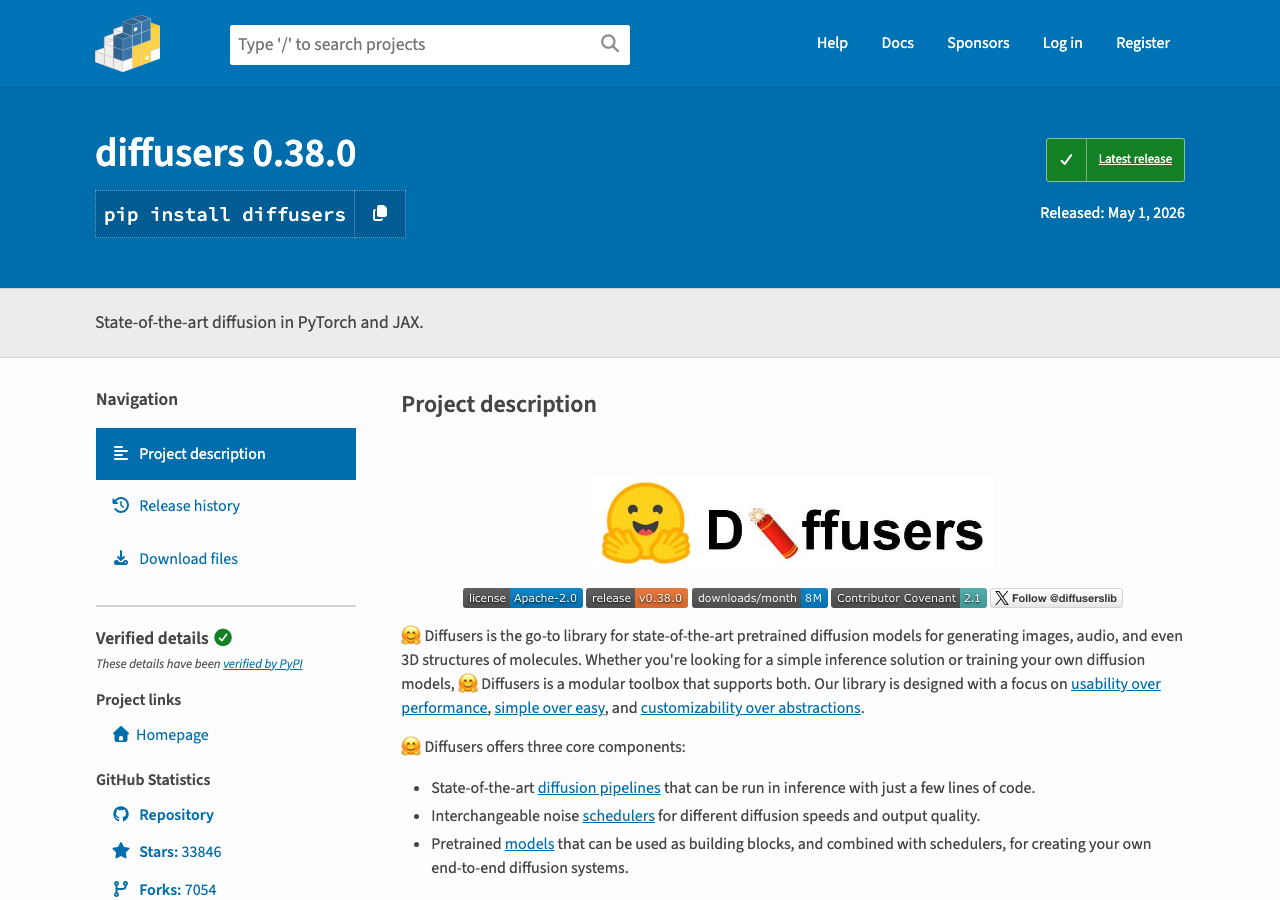 PyPI の diffusers パッケージページ(実撮影)