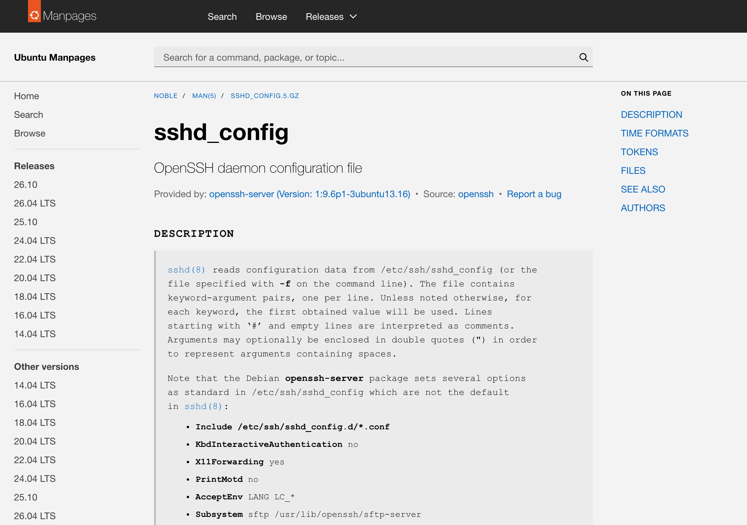 Ubuntu manpages の sshd_config(5)。X11Forwarding yes がパッケージ既定であることを明記（実撮影）