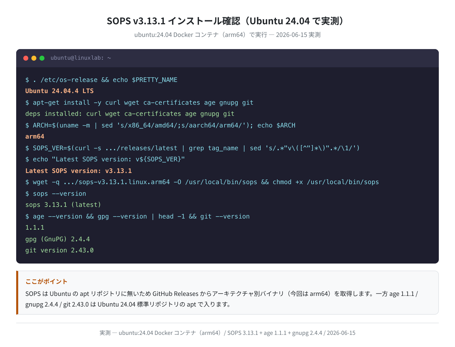SOPS v3.13.1 インストールと各ツールのバージョン確認(Ubuntu 24.04 実測)