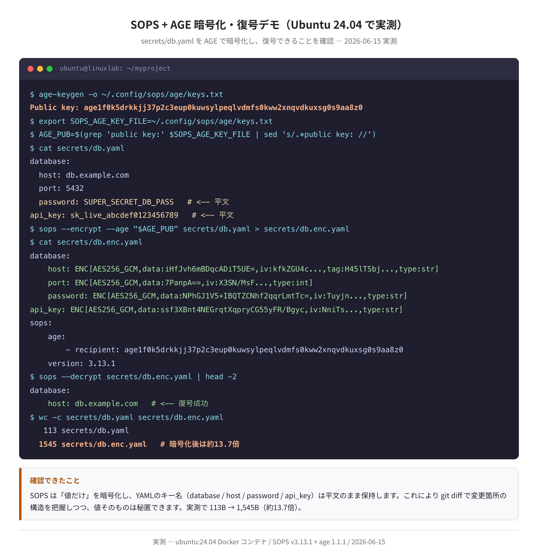 SOPS + AGE 暗号化・復号フローと実測ファイルサイズ(Ubuntu 24.04 実測)