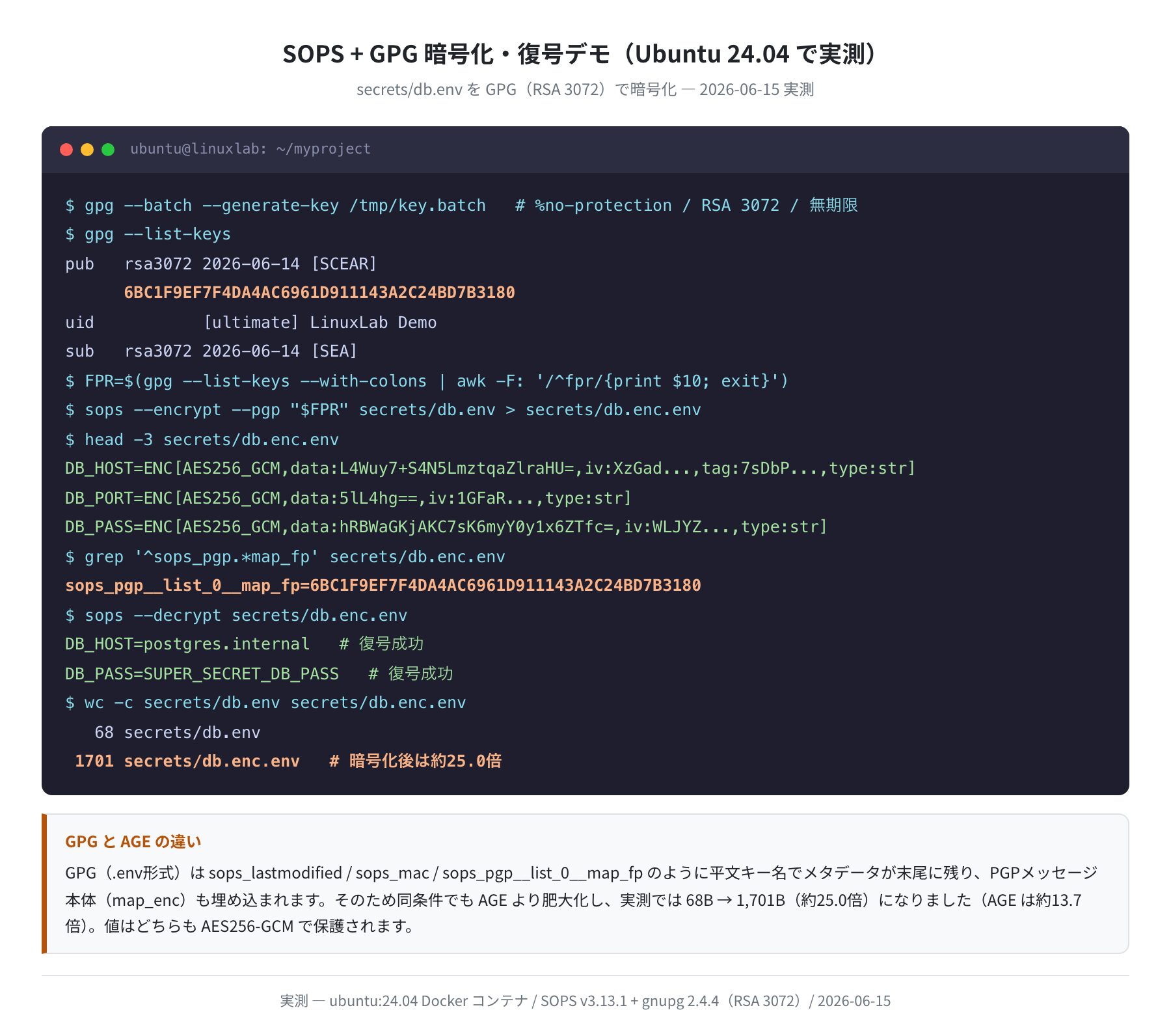 SOPS + GPG 暗号化・復号フローと実測ファイルサイズ(Ubuntu 24.04 実測)