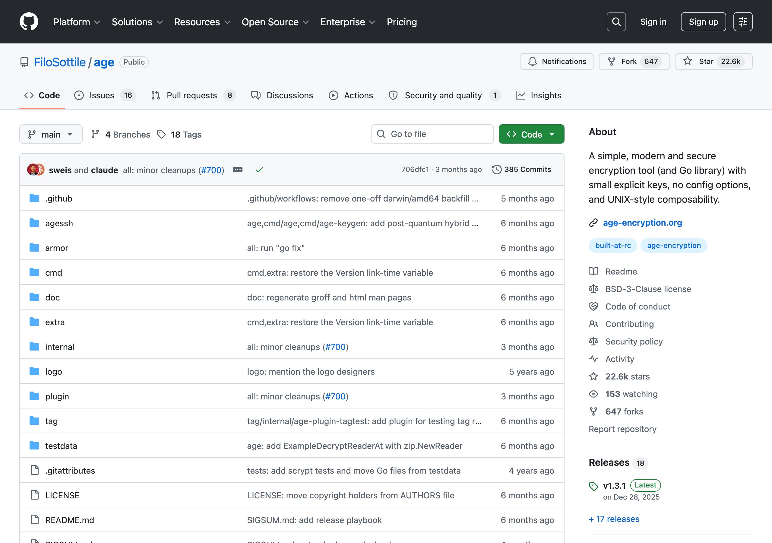 FiloSottile/age の GitHub リポジトリ(Playwright 実撮影)