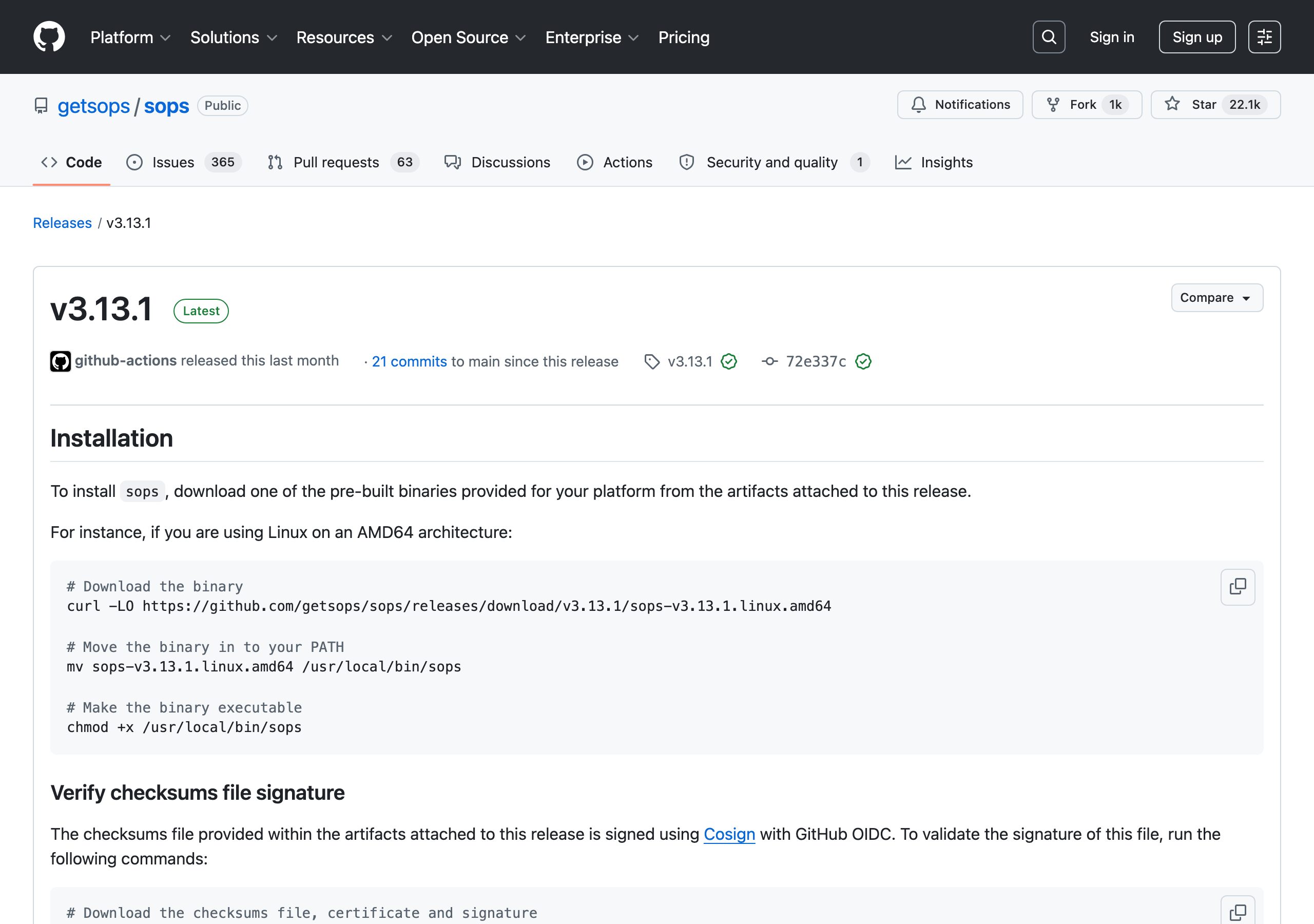 getsops/sops の GitHub Releases ページ(v3.13.1 Latest、Playwright 実撮影)