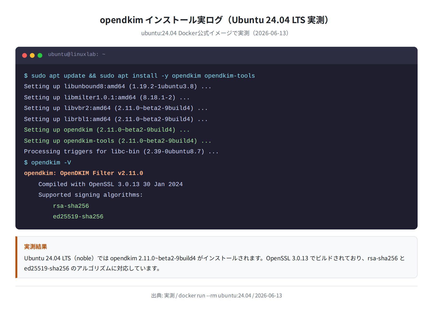 opendkim インストール実ログ(Ubuntu 24.04)