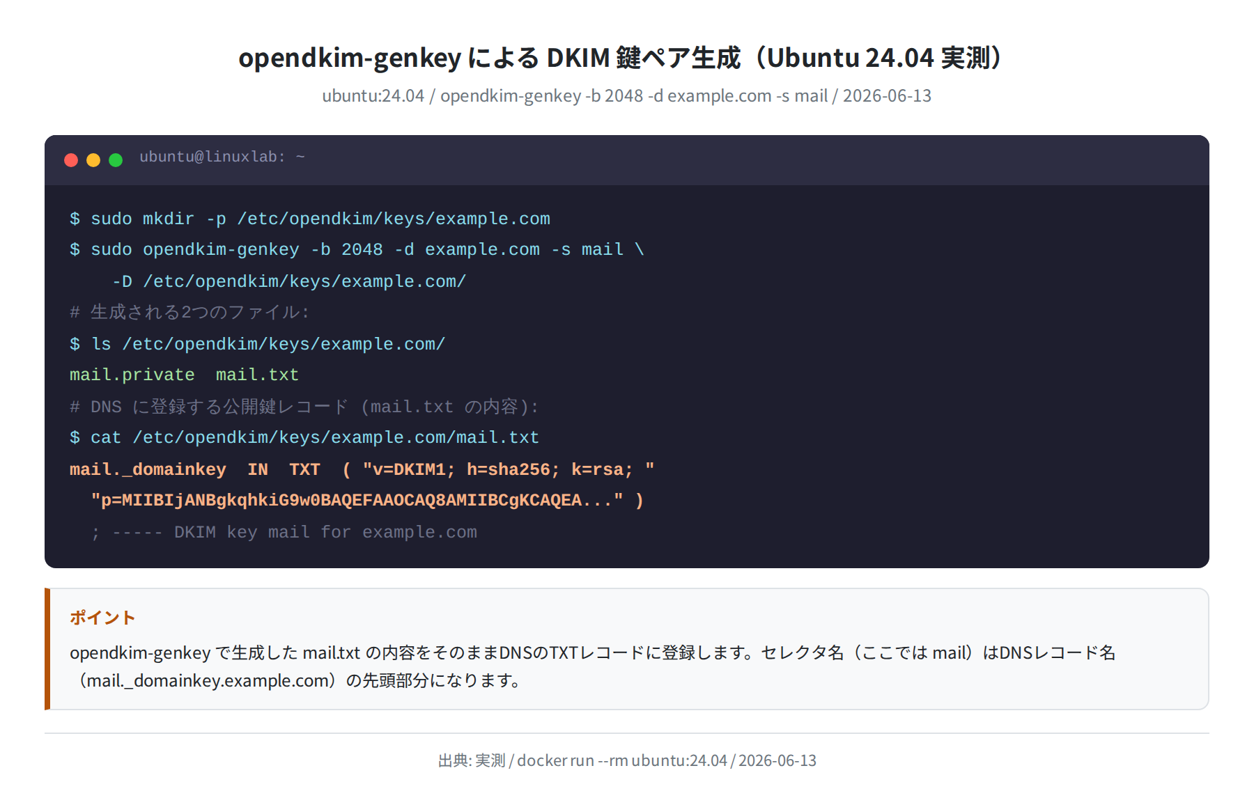 DKIM 鍵ペア生成コマンド(Ubuntu 24.04 実測)