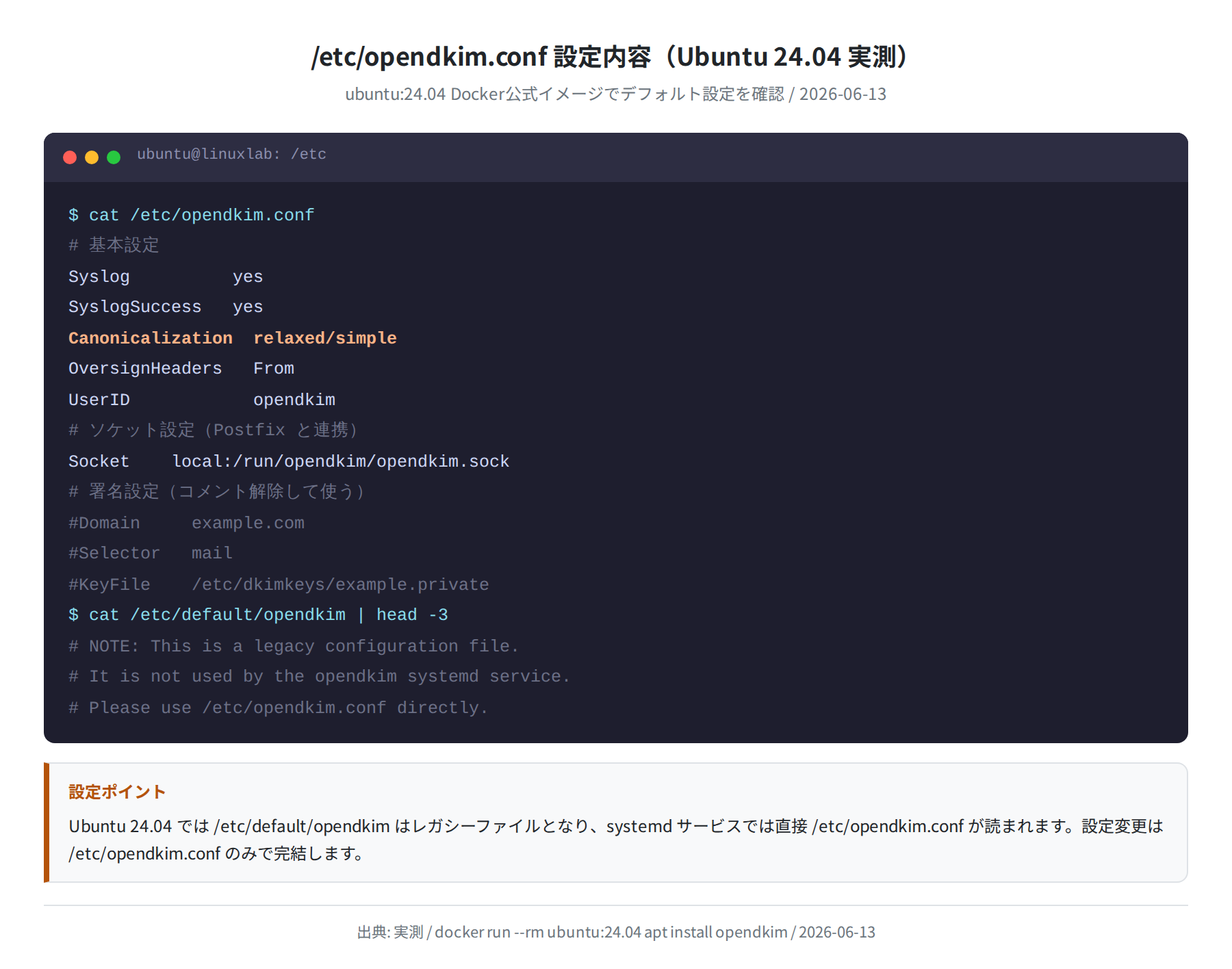 /etc/opendkim.conf 設定内容(Ubuntu 24.04 実測)