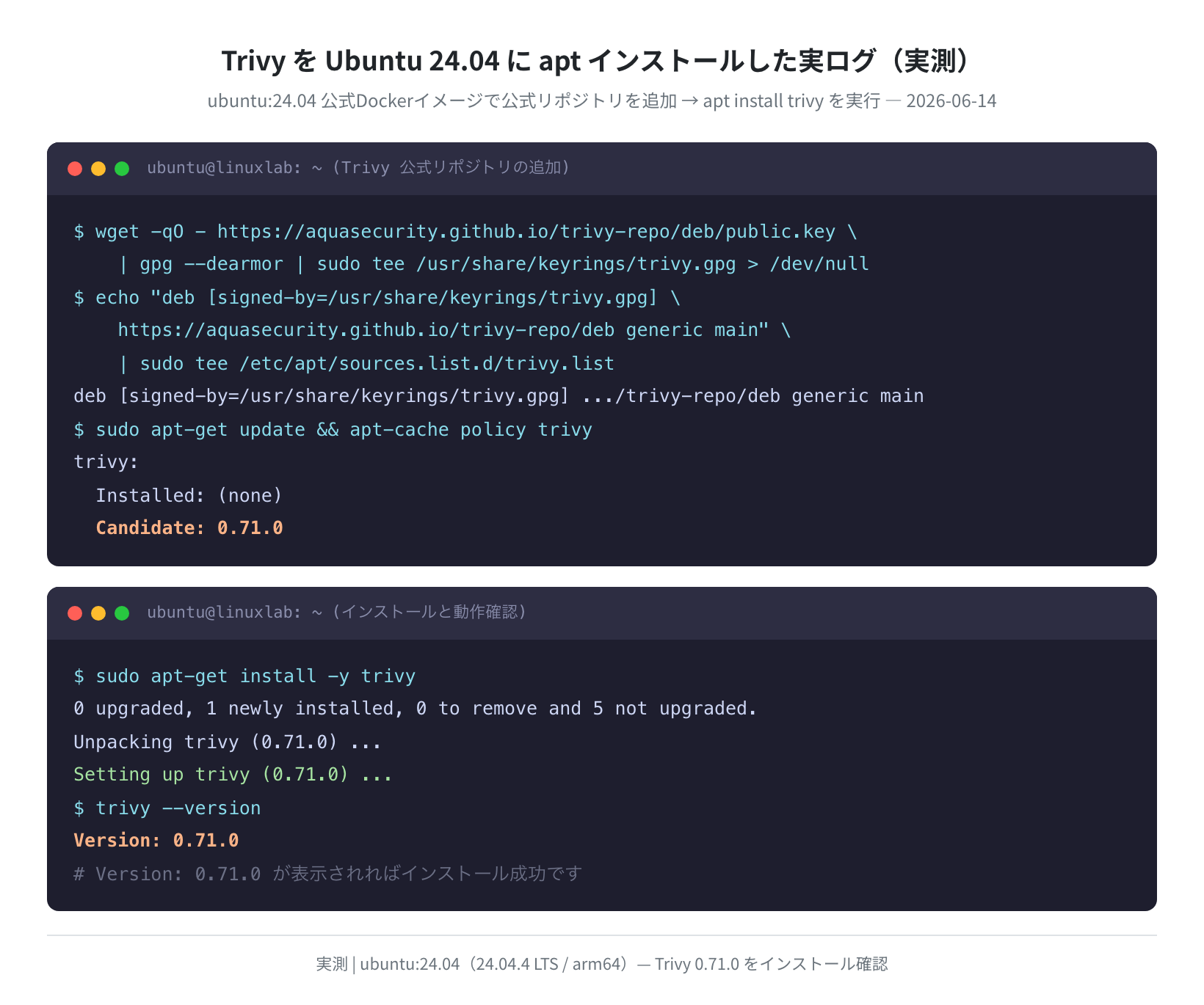 Ubuntu 24.04 で Trivy インストールを実測したターミナルログ