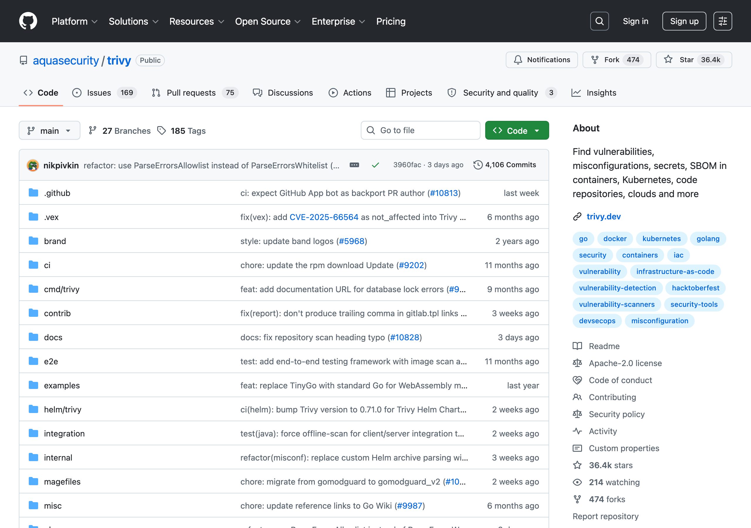 Trivy 公式 GitHub リポジトリ(aquasecurity/trivy)