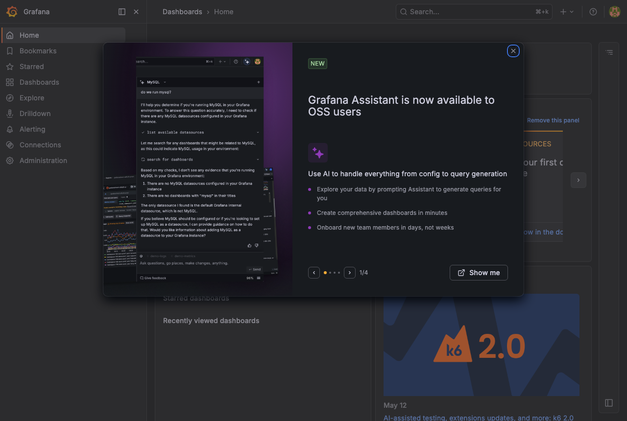Grafana の初期ダッシュボード画面(実起動スクリーンショット)