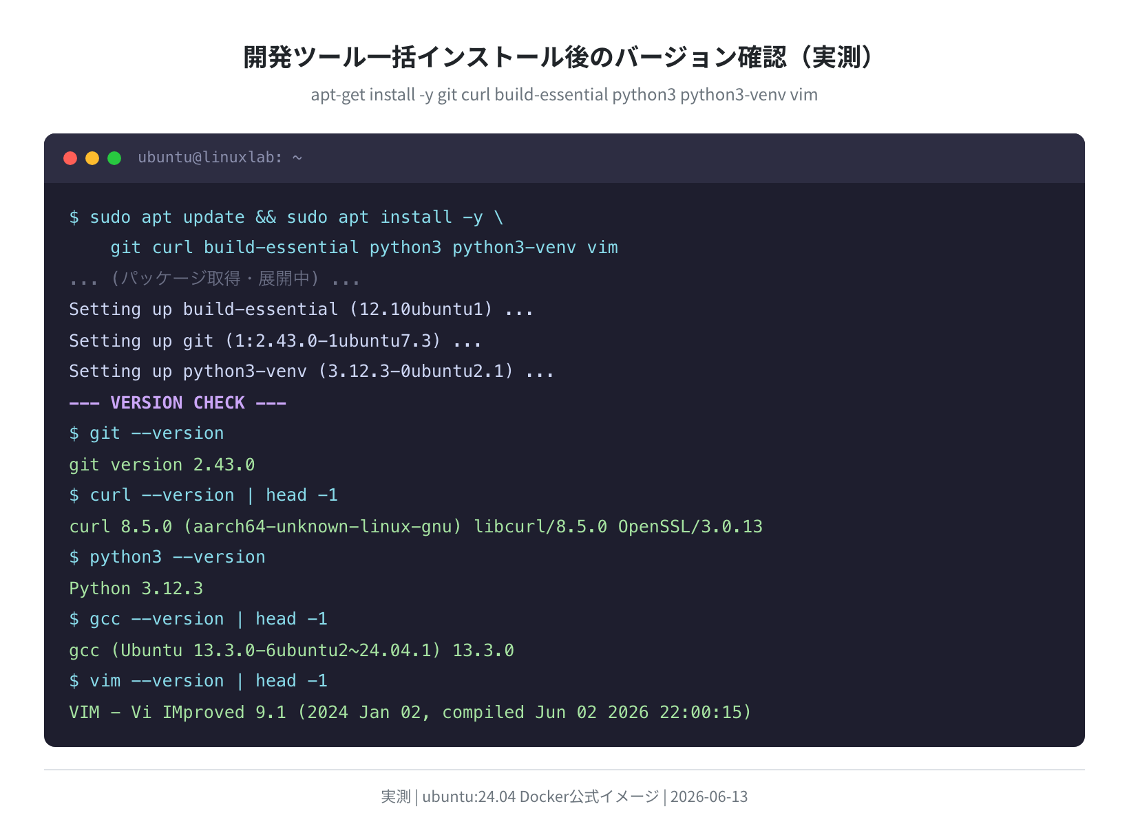 開発ツール一括インストール後のバージョン確認（実測）