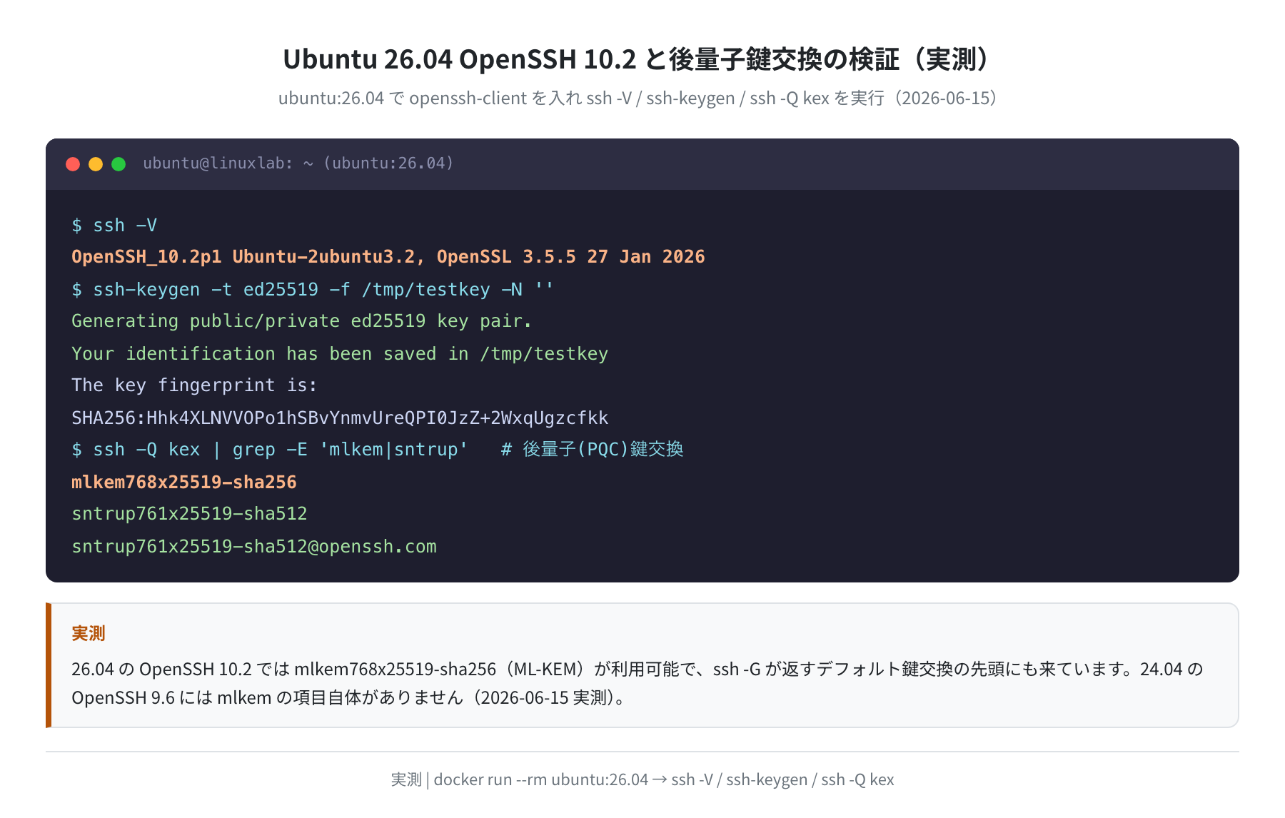 Ubuntu 26.04 OpenSSH 10.2 と後量子鍵交換の検証(実測)