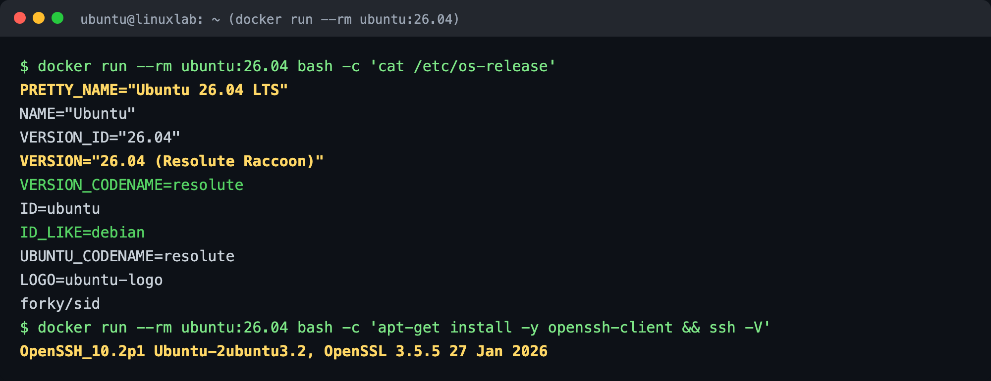 Ubuntu 26.04 起動直後の os-release / ssh -V(Playwright実撮影)